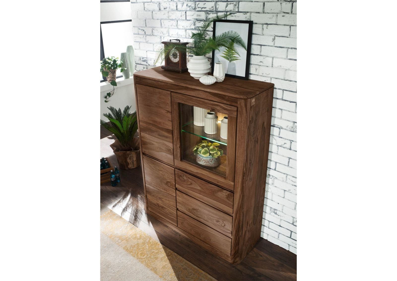 #109 dunkelbraun gebeizt TORONTO 109x40x145 Sheesham smoked cherry Massivmoebel24 Standvitrine Vitrine