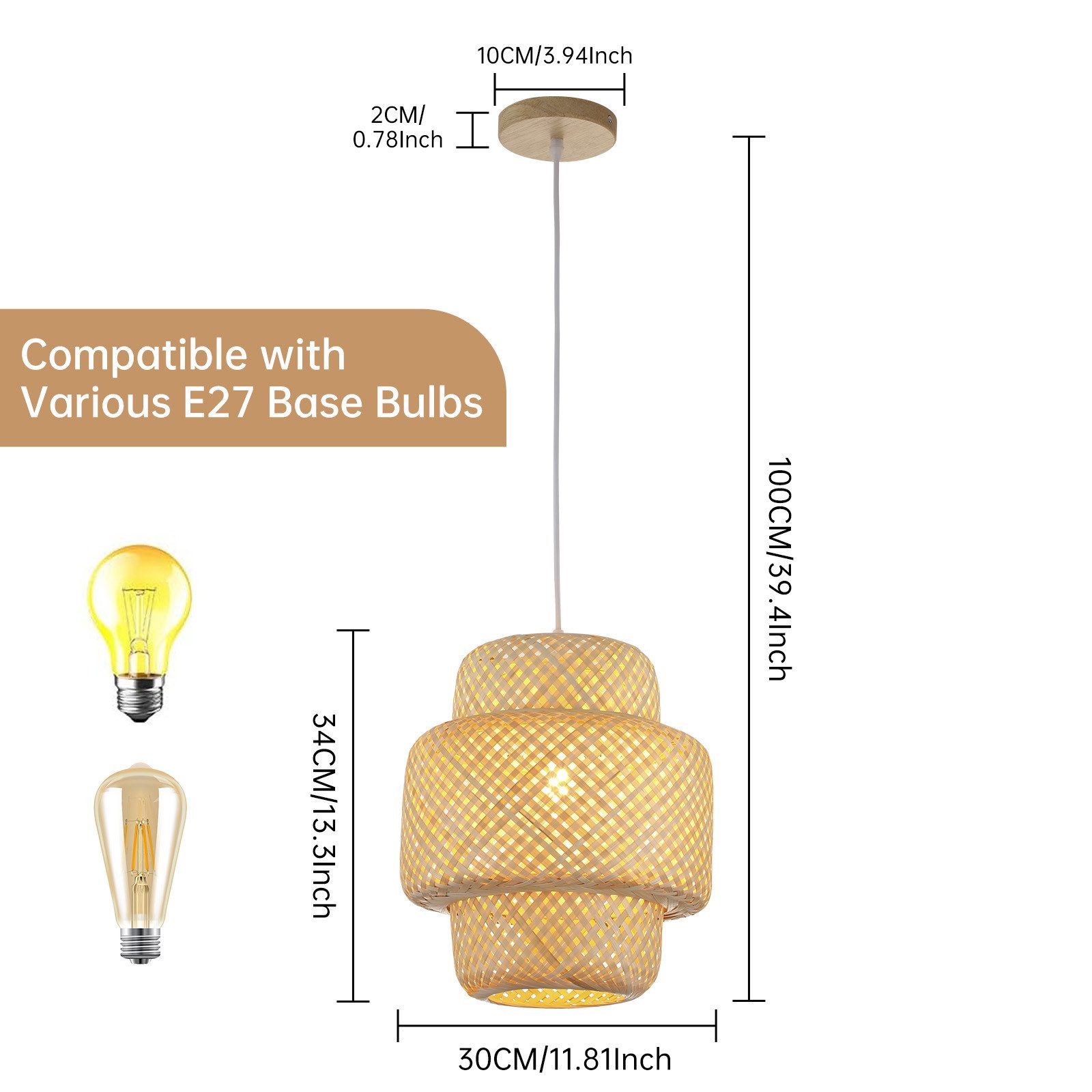 JDONG Pendelleuchte BambusHängeleuchte Rattan Lampenschirm Boho Vintage 30*34cm, E27 Bambus Dekor für Küche, Glühbirne nicht im Lieferumfang enthalten – Bild 5 von 5