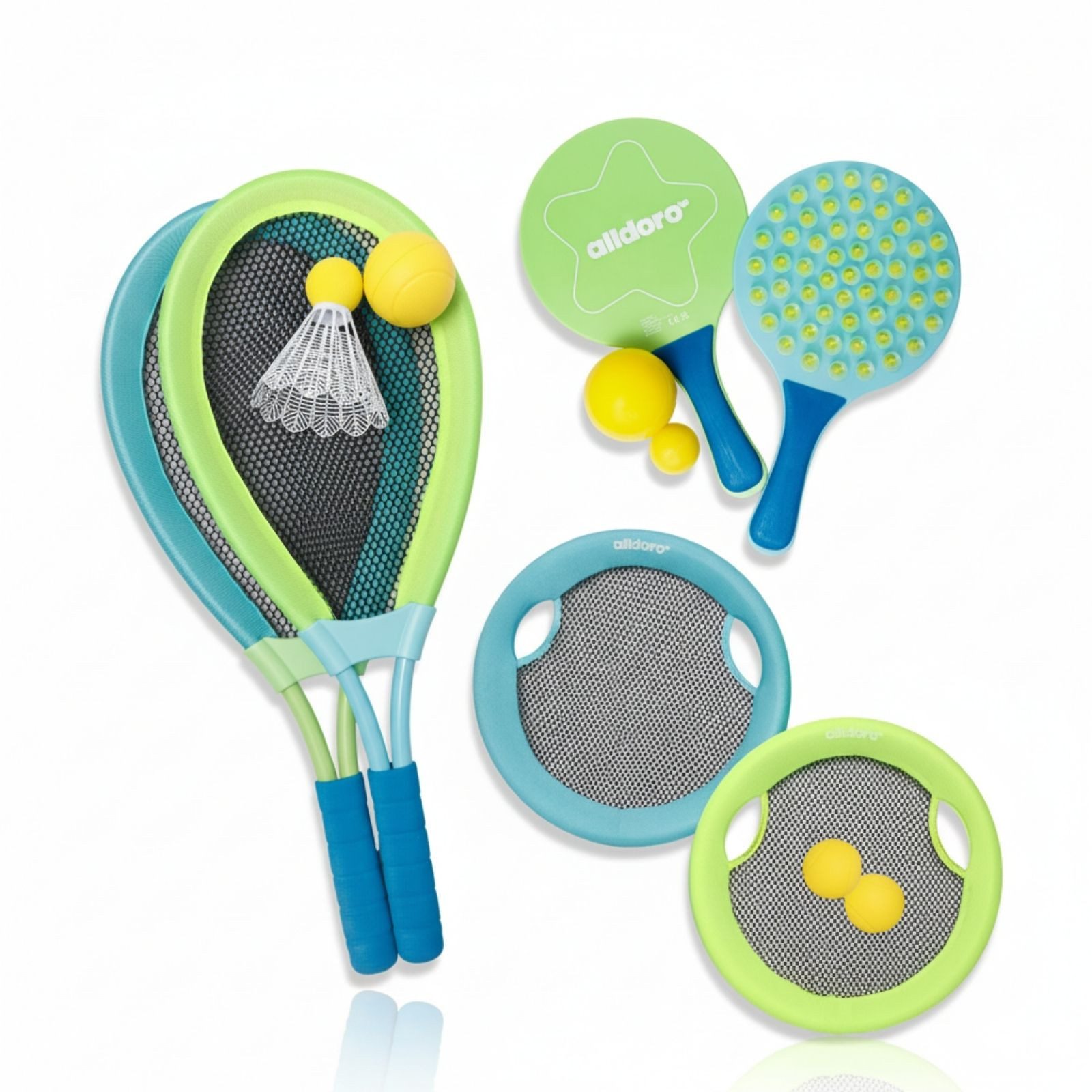 alldoro Beachballschläger 3in1 Beachball Set für die Familie, 12 Teile für Garten, Strand & Park, Outdoorspiel-Set - Beachtennis, Badminton, Soft-Tennis, Wurfscheibe