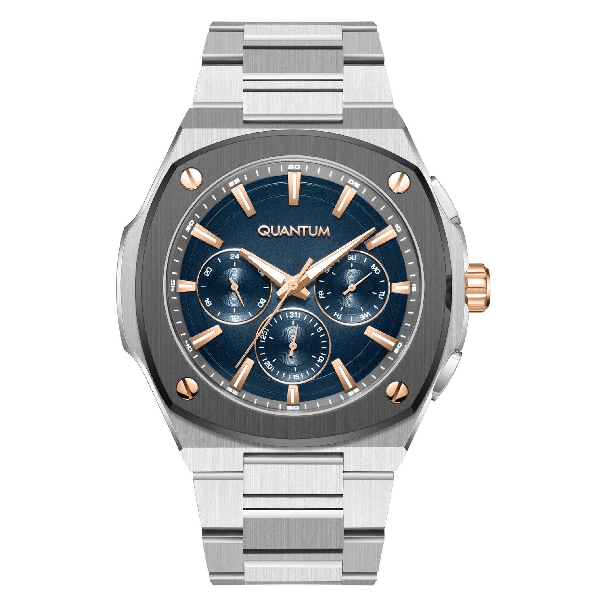 QUANTUM Multifunktionsuhr Herrenuhr Edelstahl, 44 mm, Herren Armbanduhr, 10 ATM wasserdicht dunkelblaues Zifferblatt, silber-anthrazit – ADG1032.360, (1-tlg), Datum, Mineralglas, inkl. Geschenkbox