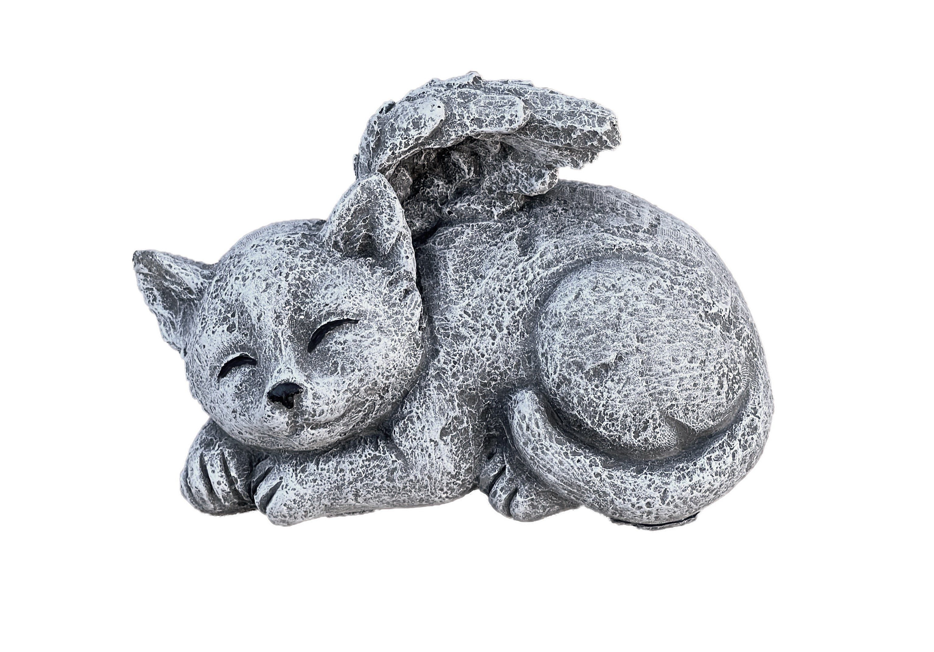 Gartenfigur Steinfigur Katze mit Engelsflügeln frostfest Steinguss