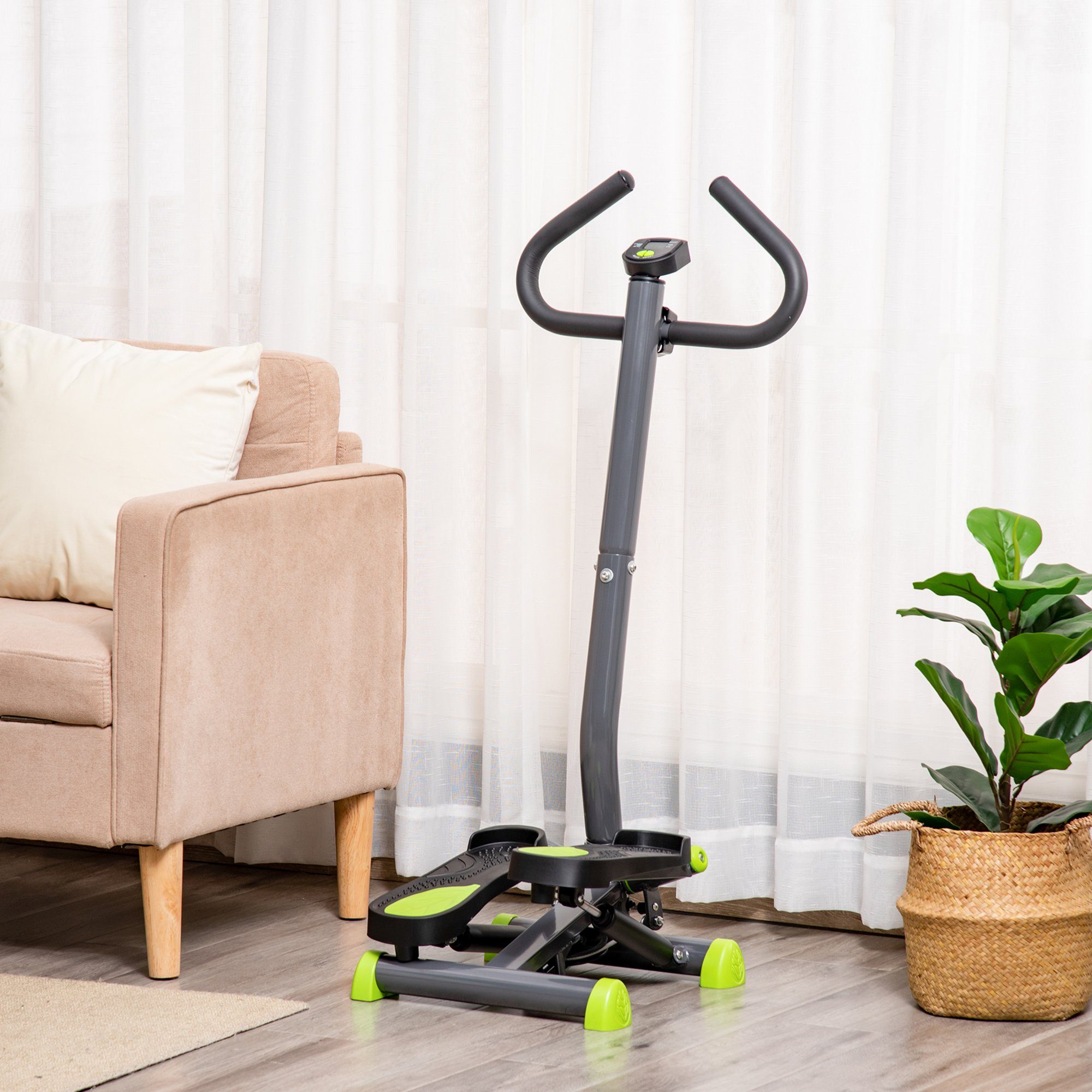 HOMCOM Stepper Fitness Swing Stepper mit LCD-Schirm und Handgriff (Hometrainer, 1-tlg., Sportgeräte), für Zuhause bis 100 kg Stahl ABS Grau+Grün 55 x 44 x 108 cm
