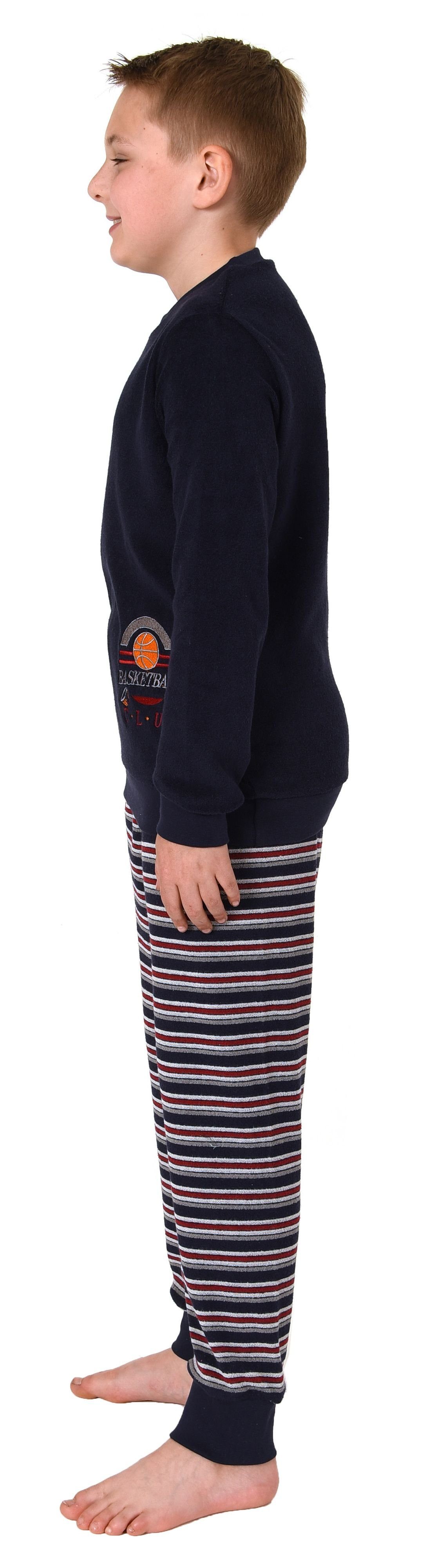 Bündchen mit Basketball-Motiv Pyjama langarm marine und Normann Jungen Frottee Schlafanzug