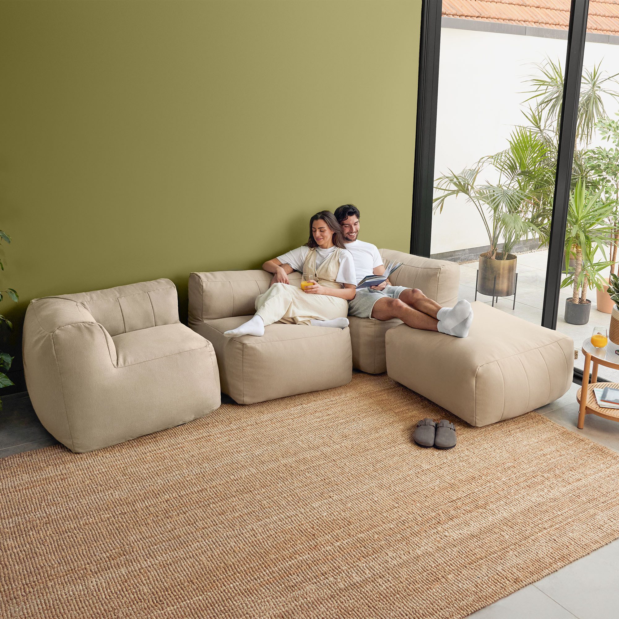 icon Gartenlounge-Set Modulares Outdoorsofa 6 Stück aus Olefin „Zen“, (Spar-Set, 2 x Ecksofa, 3 x Sessel, 1 x Hocker), Schaumstoff Füllung, für Wohnzimmer, für den Außenbereich, wetterfest