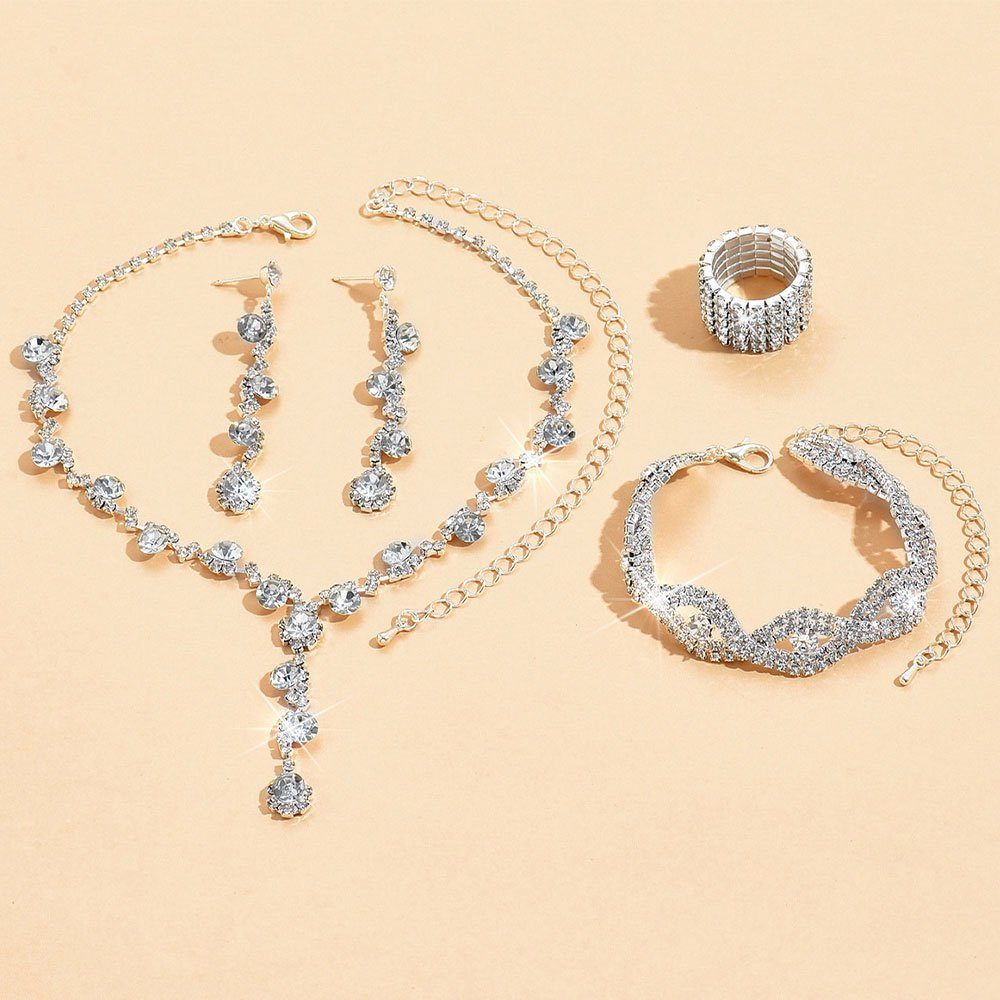 AUzzO~ Schmuckset Hochzeits Ohrringe Geeignet Damenschmuck Armbänder für Strass, Halskette Finger Silber Partys 4-tlg Abendessen