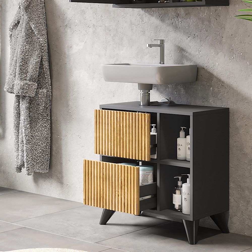 Vicco Waschbeckenunterschrank Leano, Anthrazit/Bergeiche, 60 x 62 cm mit 2 Schubladen (1-St) – Bild 5 von 5