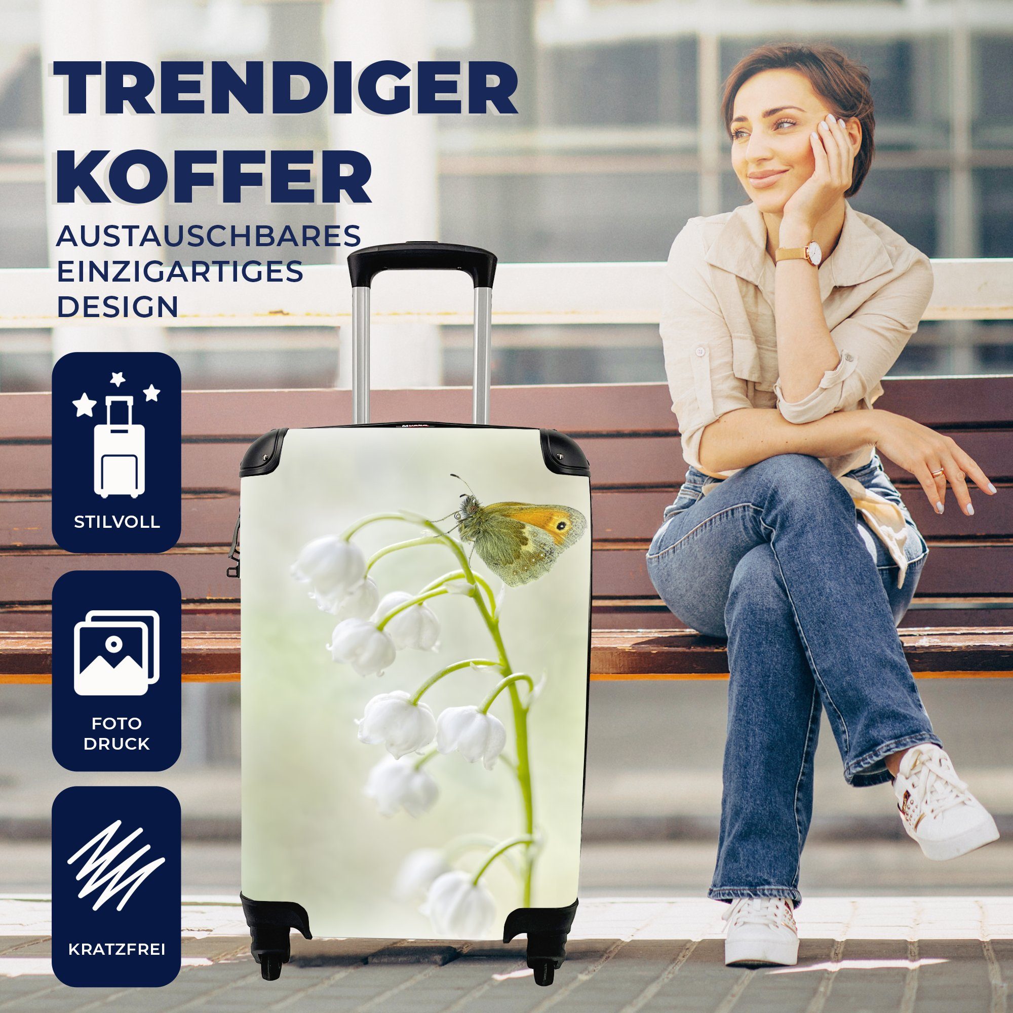 Schmetterling MuchoWow 4 mit einem Handgepäck Handgepäckkoffer Ein auf Reisekoffer für Ferien, Rollen, Reisetasche Maiglöckchen, Trolley, rollen,