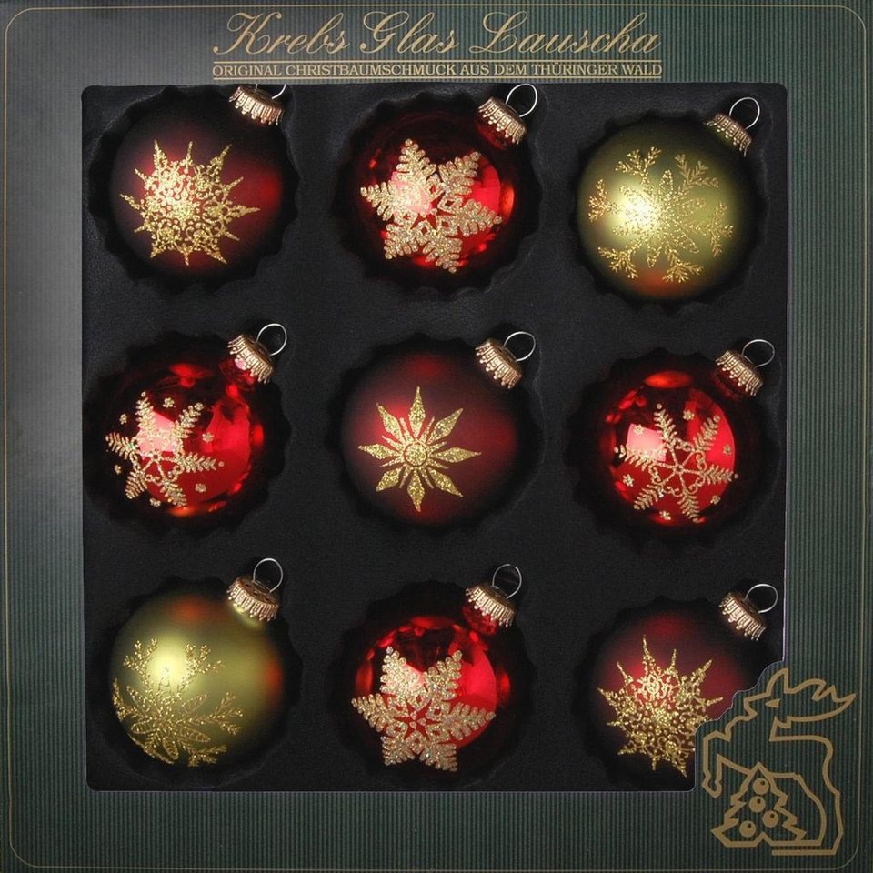 Krebs Glas Lauscha Weihnachtsbaumkugel Schneeflocken, Weihnachtsdeko rot,  Christbaumschmuck (9 St), hochwertige Christbaumkugeln aus Glas,  mundgeblasen, rot/grün