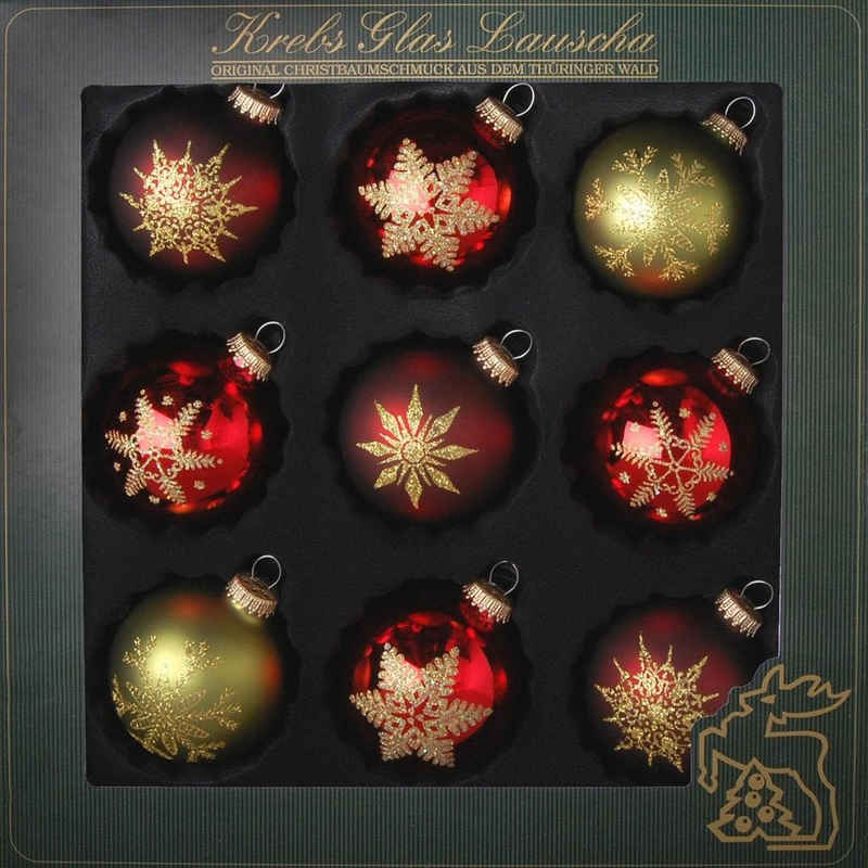 Krebs Glas Lauscha Weihnachtsbaumkugel Schneeflocken, Weihnachtsdeko rot, Christbaumschmuck (9 St), hochwertige Christbaumkugeln aus Glas, mundgeblasen, rot/grün