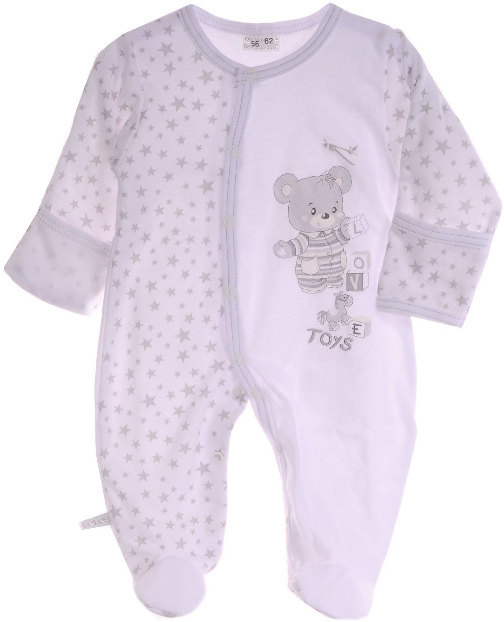 La Bortini Strampler Overall mit Kratzschutz Baby Schlafanzug in weiß mit Sternchen aus reiner Baumwolle, 44 50 56 62 68 74 80 86 92 98