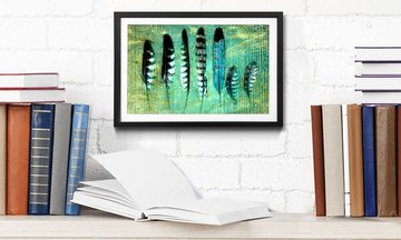 WandbilderXXL Bild mit Rahmen Blue Feathers, Vogelfedern, Wandbild, in 4 Größen erhältlich