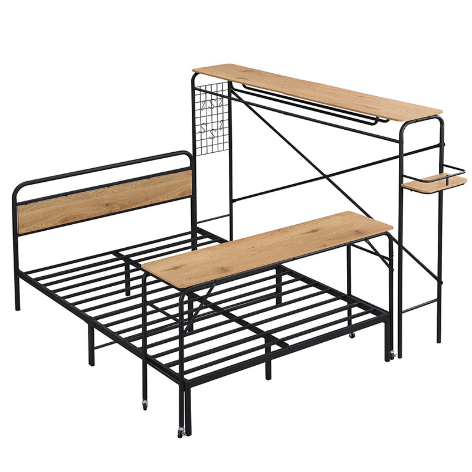 Fanttik Bettgestell Bettgestell, Flachbetten + Tisch + Vertikaler Garderobenständer (Bett + Tisch + Vertikaler Garderobenständer)