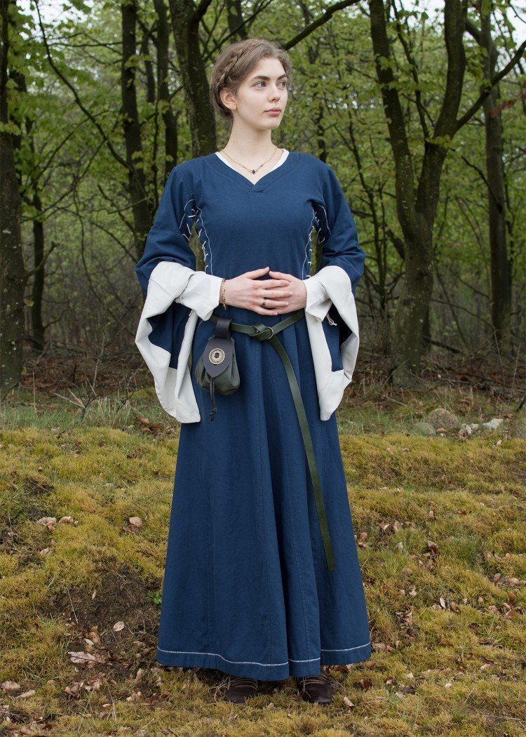 Battle Merchant Ritter-Kostüm Spätmittelalterliches Höllenfensterkleid Bliaut Amal Blau/Natur XXL