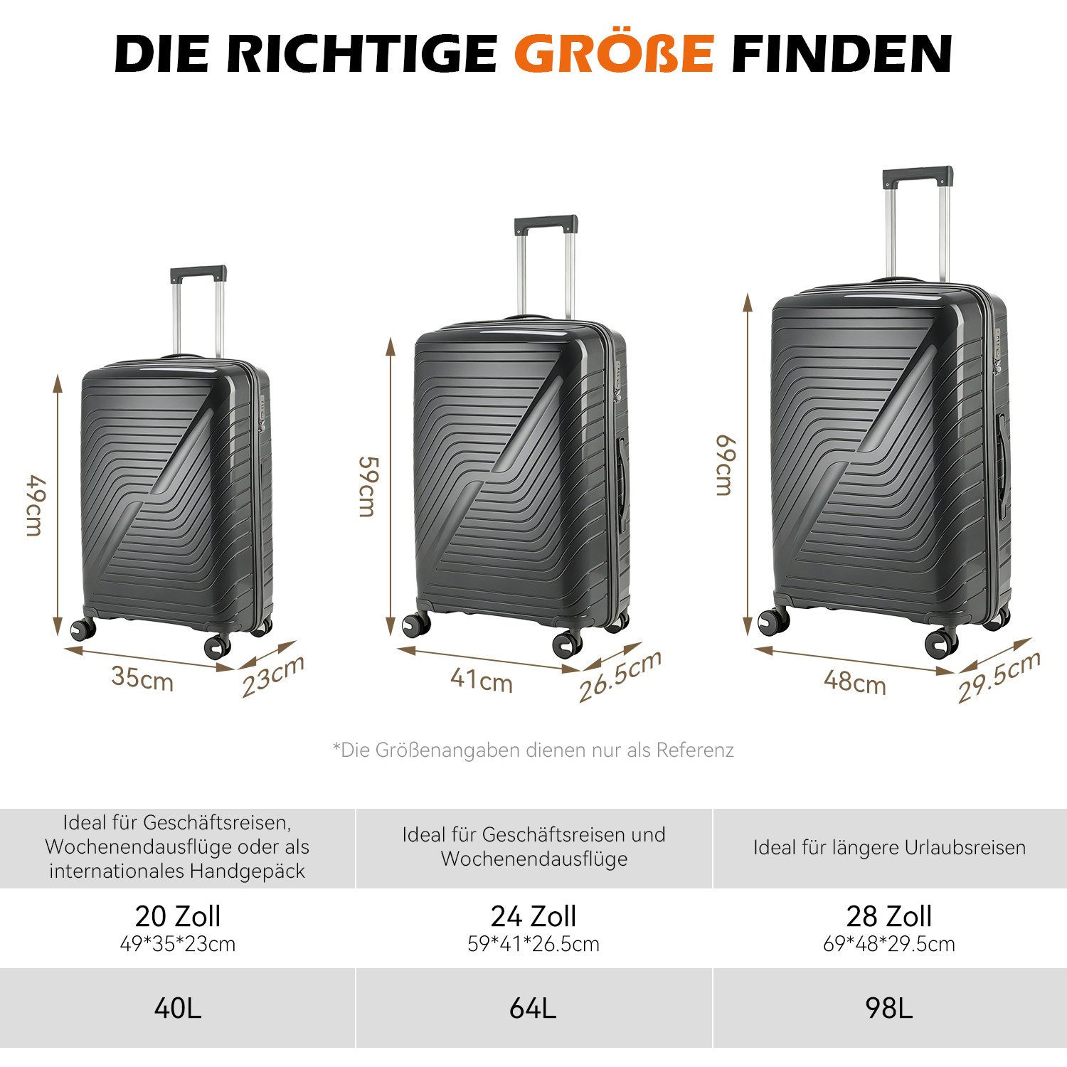 oyajia Kofferset Rollkoffer 3-teiliges Set 20 24 28 Zoll aus PP Hartschale, (Reisekoffer Set mit TSA Zahlenschloss & 4 Rollen, 3 tlg., Handgepäckkoffer + Mittelgroß + XL Trolley Set), Leichtes Trolley Set für Urlaub Business Reisen