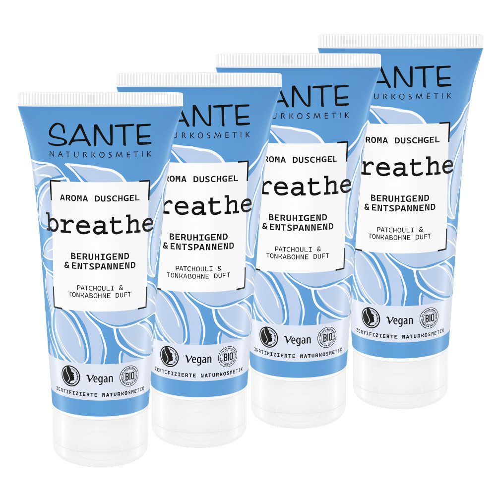 SANTE Duschgel Breathe Patchouli & Tonkabohne, 4-tlg., für alle Hauttypen, vegan, ohne Zusatz von synthetischen Duftstoffen