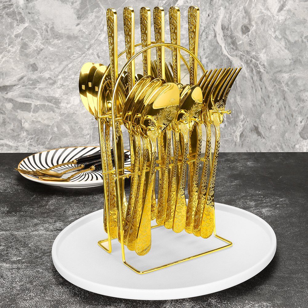 Messer Gabel Set mit KingLux Essbesteck Besteck-Set Spülmaschinenfest 24teilig Löffel Gold