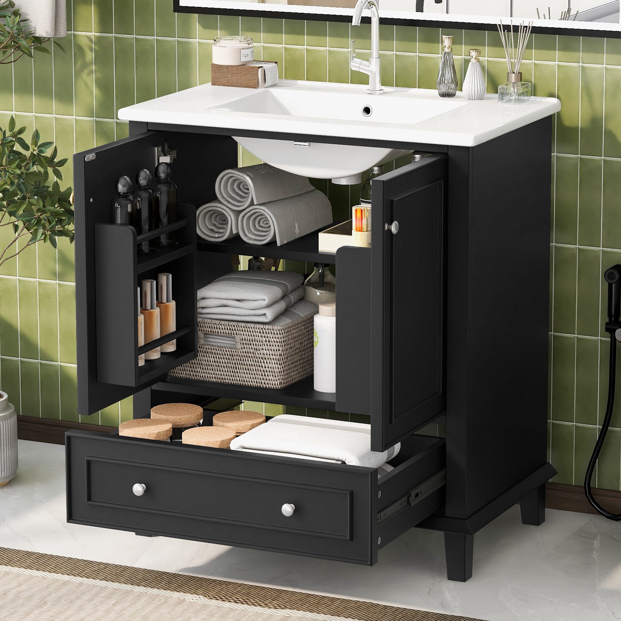 Waschtisch mit Türregalen und Schubladen