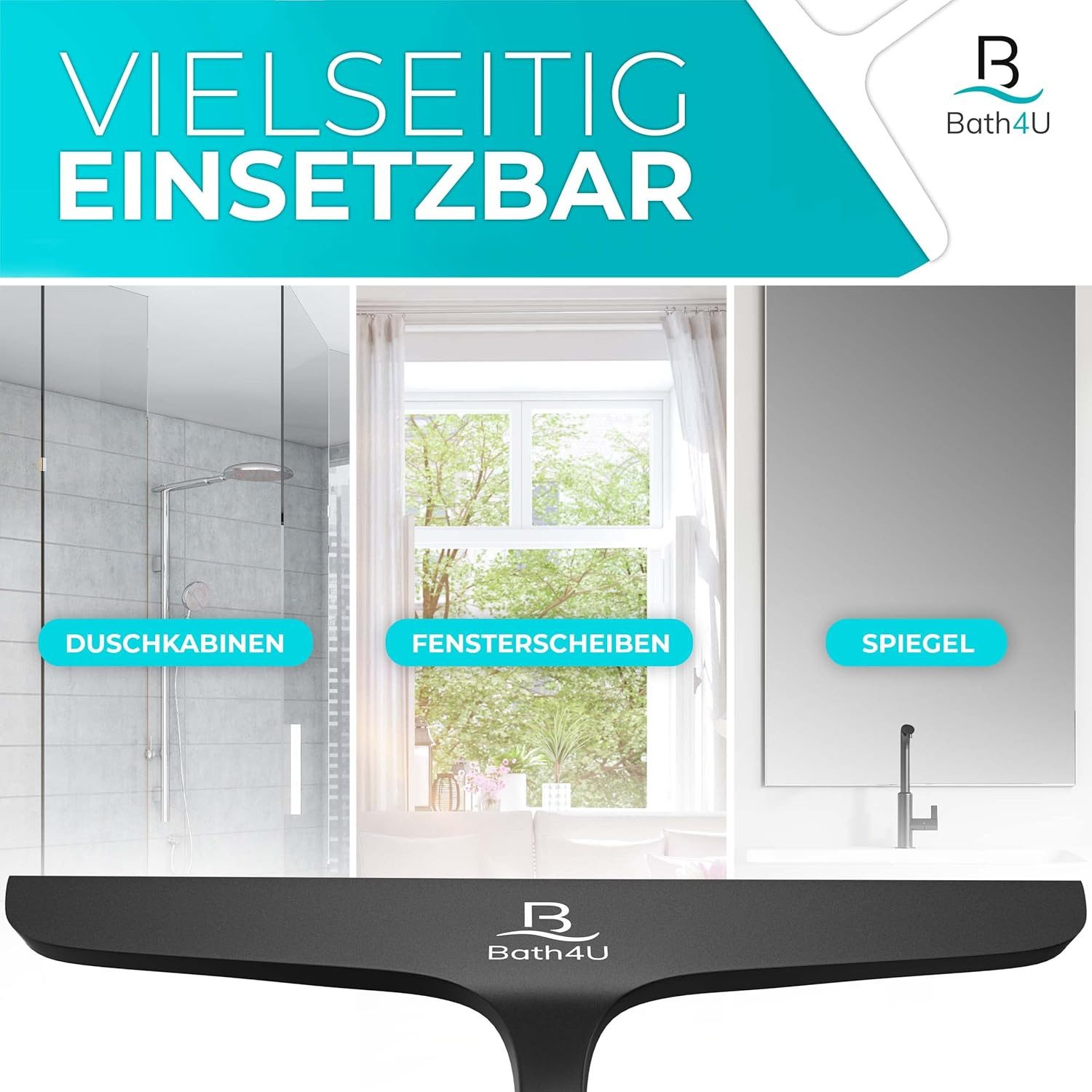 Bath4U Duschabzieher Profi Duschabzieher 27,5cm Silikon & Edelstahl für Dusche & Fenster, Inkl. Gratis Tuch & 2 Halterungen Schont Fliesen Rostfrei & Modern