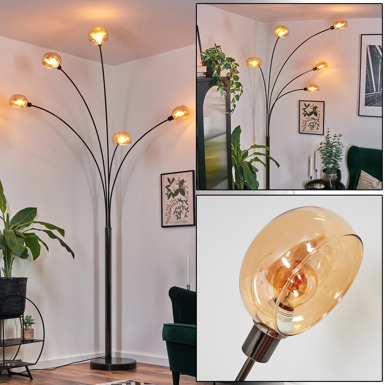 hofstein Stehlampe Stehlampe Metall in Schwarz/Chrom/Bernstein im Retro/Vin günstig online kaufen