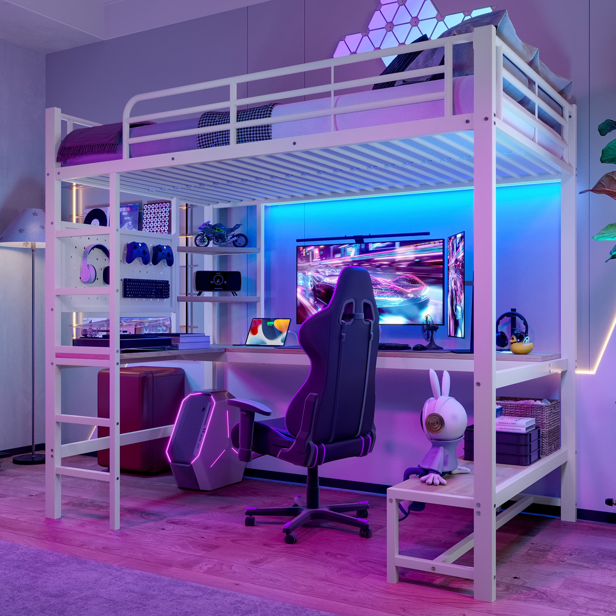 Merax Hochbett mit LED-Leiste, USB und Typ-C (Metall & MDF, 1-St., Etagenbett Eisenbett Jugendbett Einzelbett Kinderbett) Metallbett 90x200cm mit Schreibtisch Regale Geländer Leiter Karton