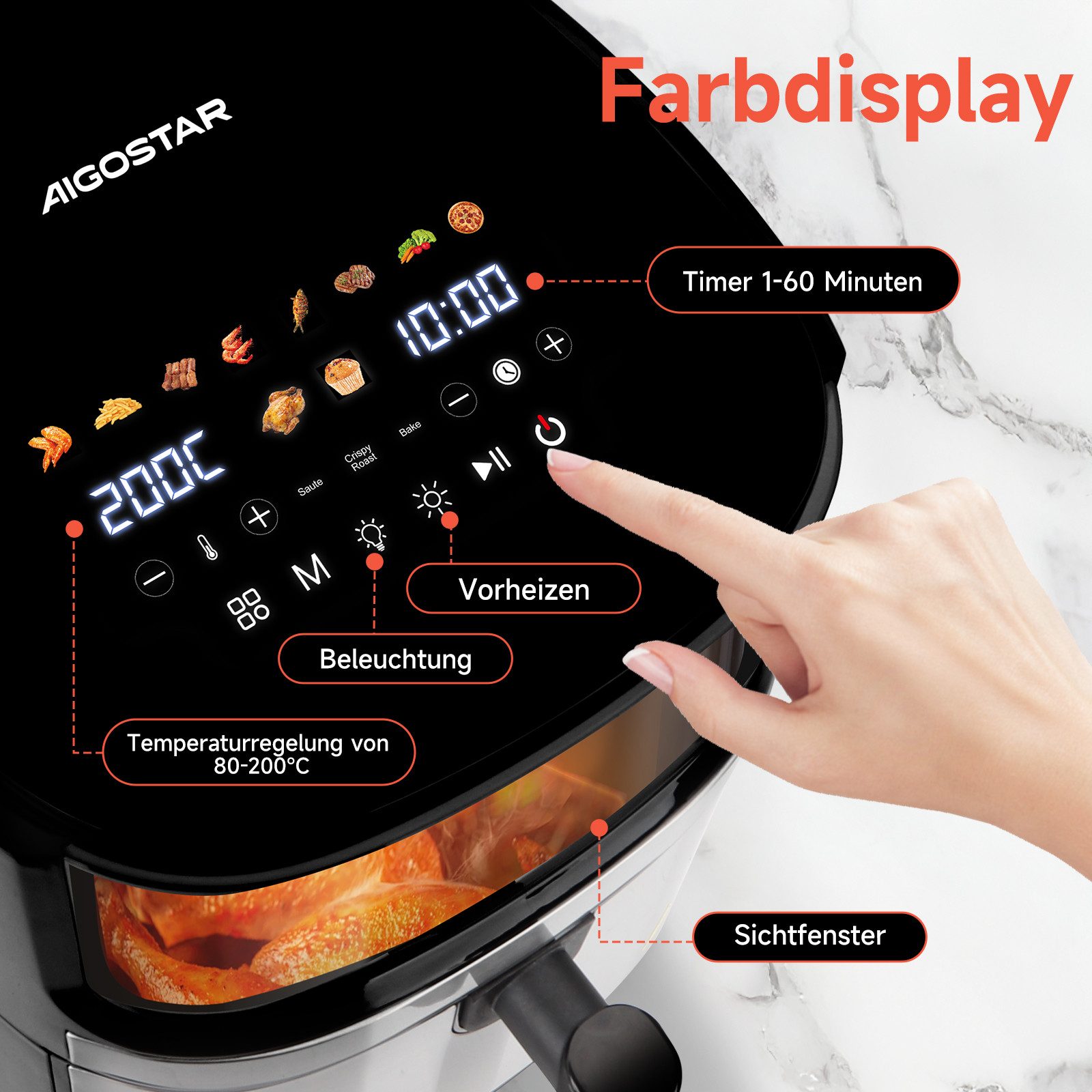 Aigostar Heißluftfritteuse Dual Blaze™ Heißluftfritteuse XXL, 8L Air Fryer 2000W mit Sichtfenster, 10 Programme, 3 Kochfunktionen, 2000 W, Sichtfenster, Digitalem Led Touchscreen, Spülmaschinenfeste Körbe