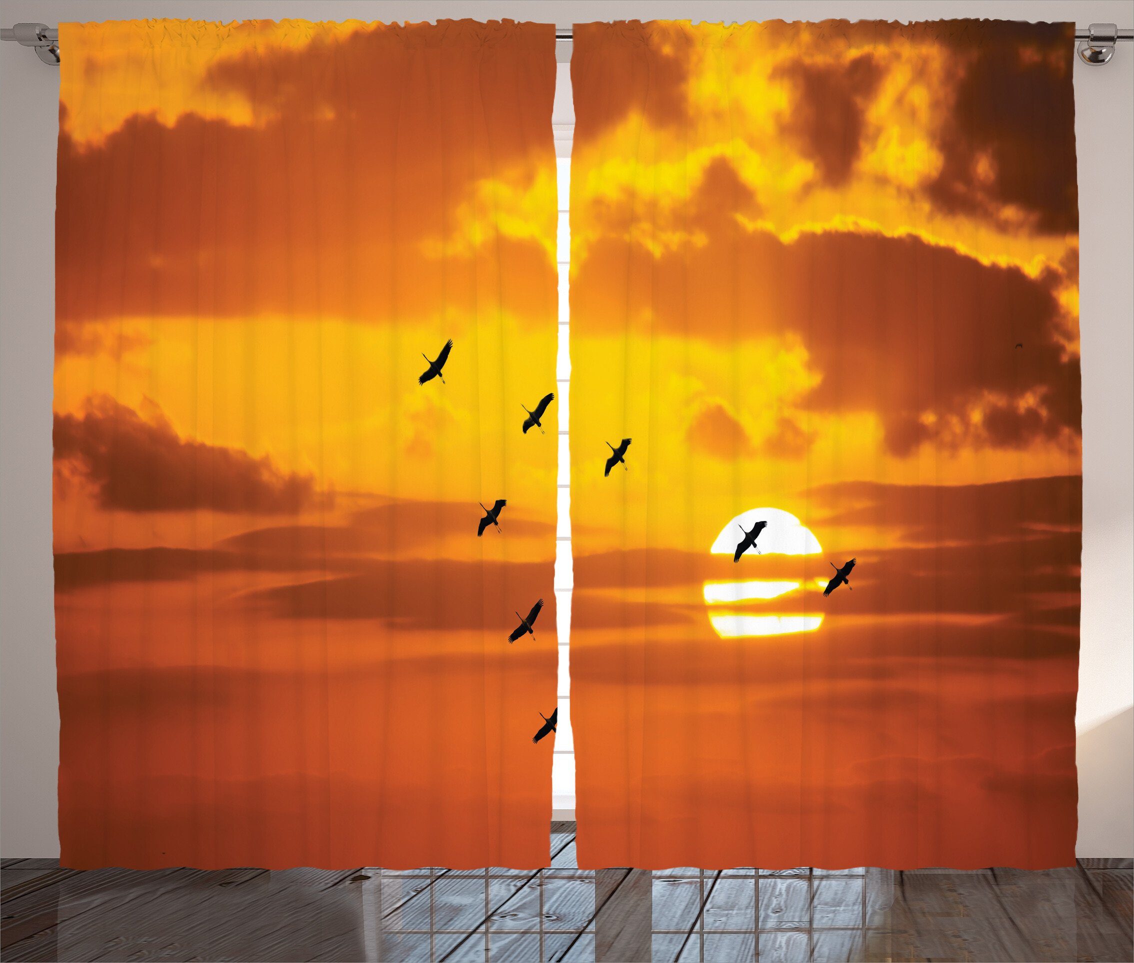 Kräuselband und mit Sonnenuntergang Vogel-Fliegen Natur Abakuhaus, am Gardine Schlaufen Haken, Schlafzimmer Vorhang