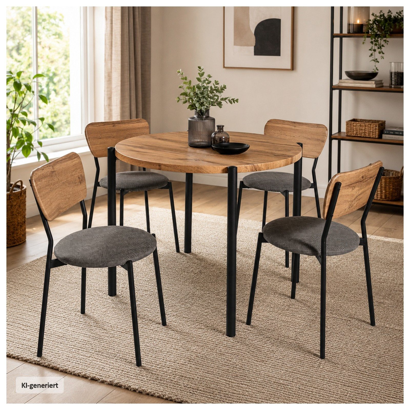 HTI-Living Essgruppe Tischgruppe Egbert 5-teilig Artisaneiche, (Set, 5-tlg., 1 Tisch, 4 Stühle), Runder Esstisch Ø 90 cm mit 4 Polsterstühlen