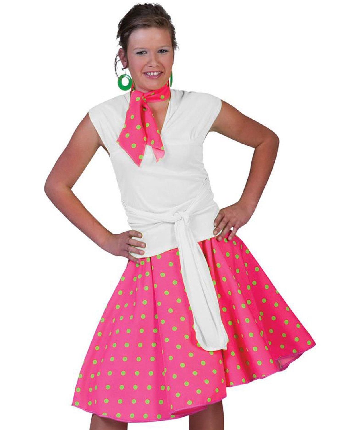 Kostüm Fifties Punkte Tellerrock mit Halstuch, Pink Grün
