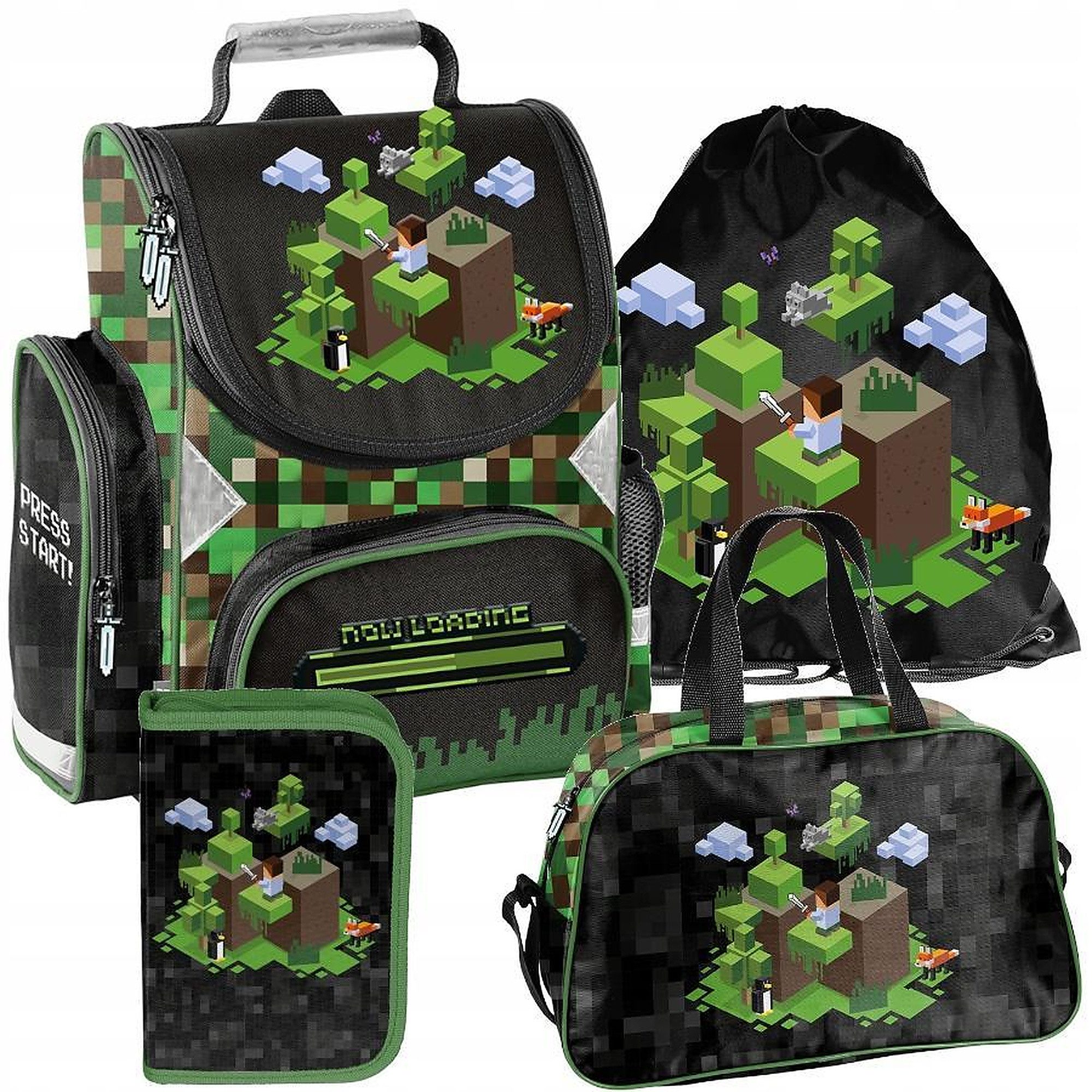 PASO Schulrucksack (Schulset, 4-tlg), Pixels, 4-tlg. Set, Schwarz