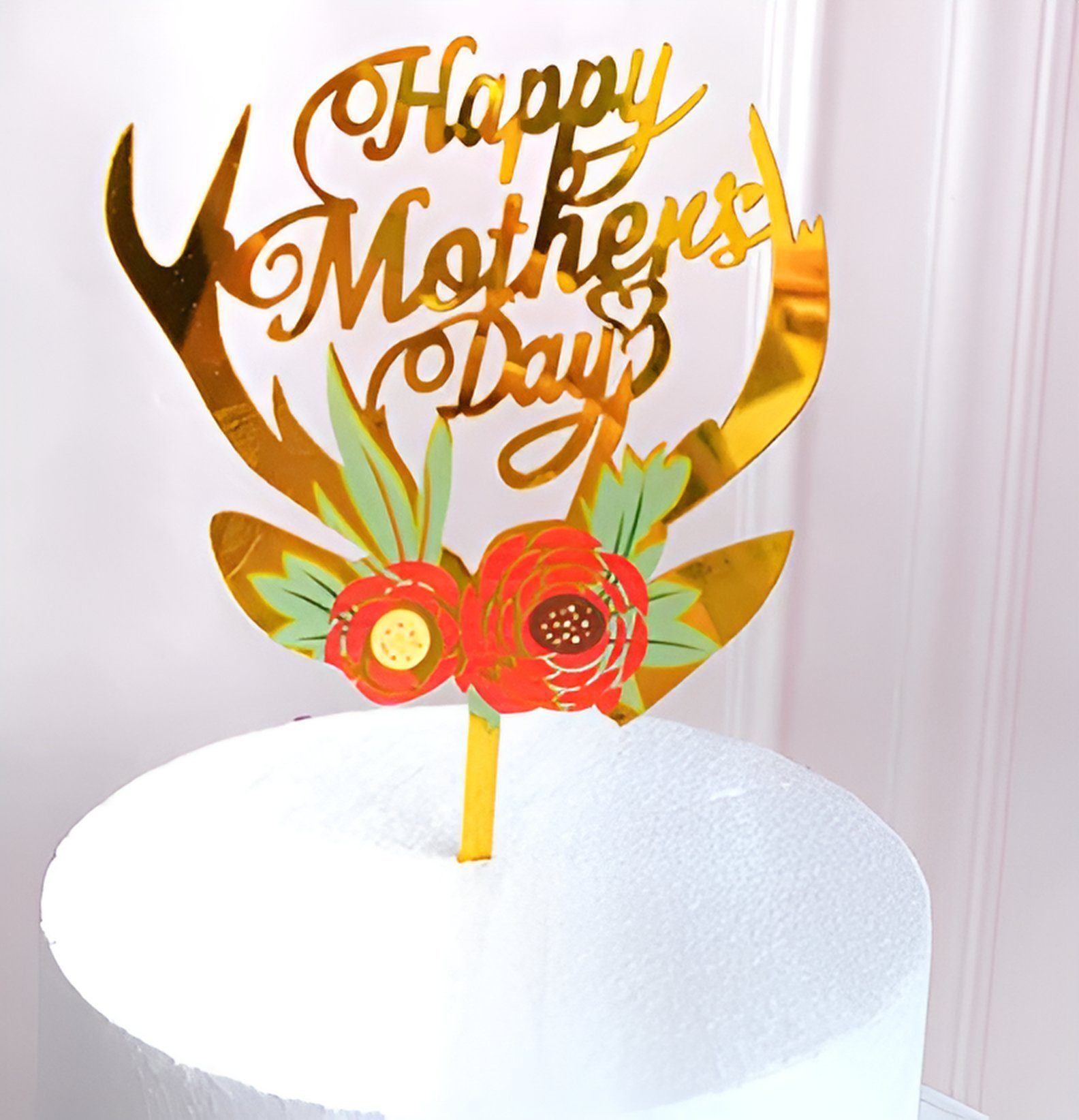 Festivalartikel Tortenstecker Happy Mother's Day Topper Gold, Blumen