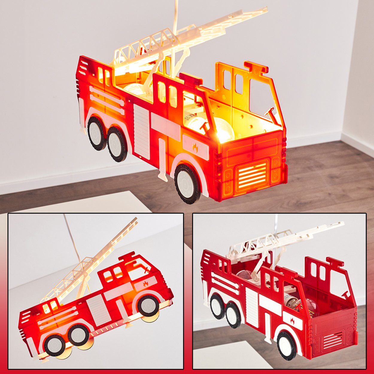hofstein Pendelleuchte »Molare« rotes Feuerwehrauto als Hängelampe aus Kunststoff, ohne Leuchtmittel, 2xE27 max. 13 Watt, Feuerwehr Hängeleuchte, auch