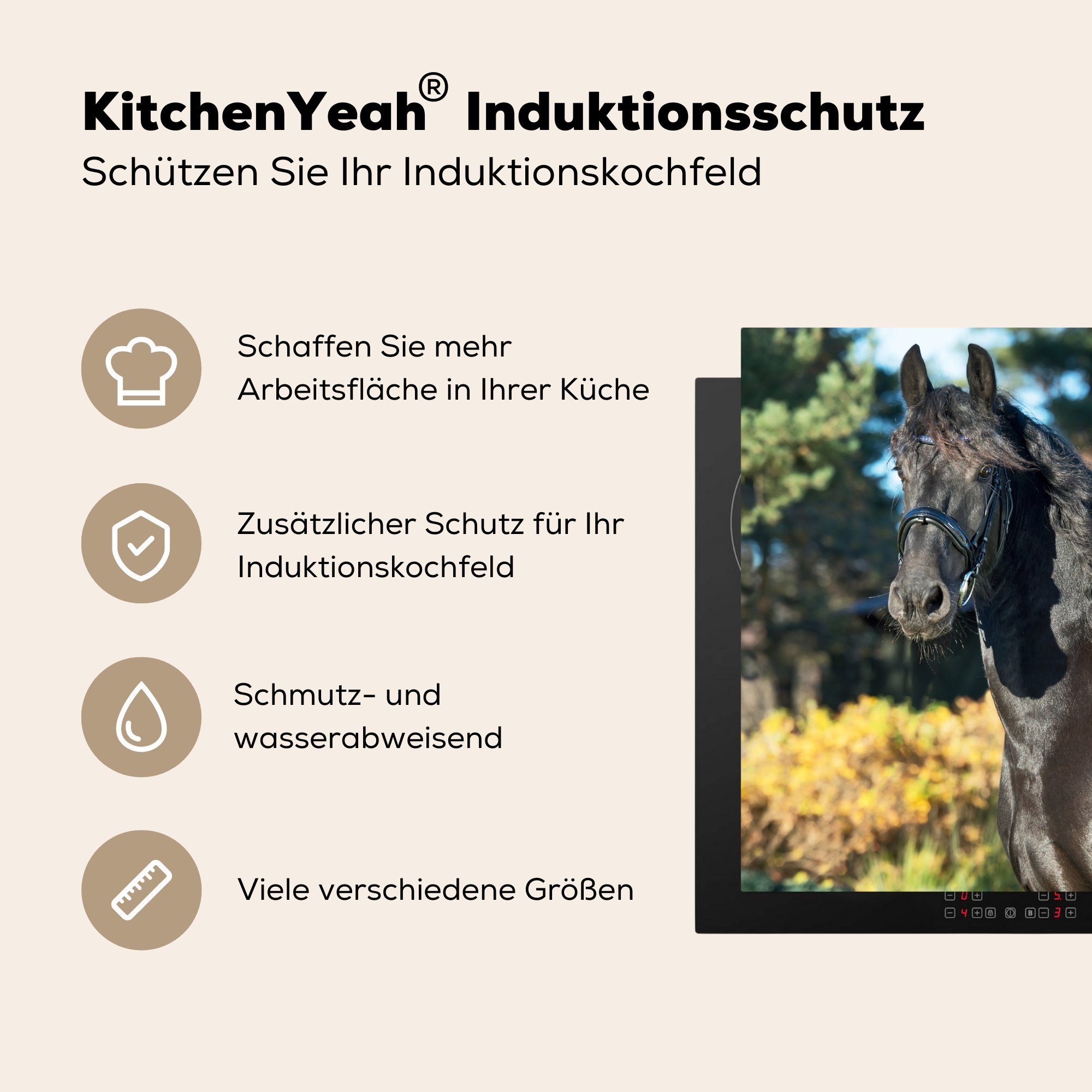 MuchoWow Herdblende-/Abdeckplatte Sonne - für (1 küche Friesisch cm, tlg), 78x78 Ceranfeldabdeckung, Vinyl, - Pferd, Arbeitsplatte
