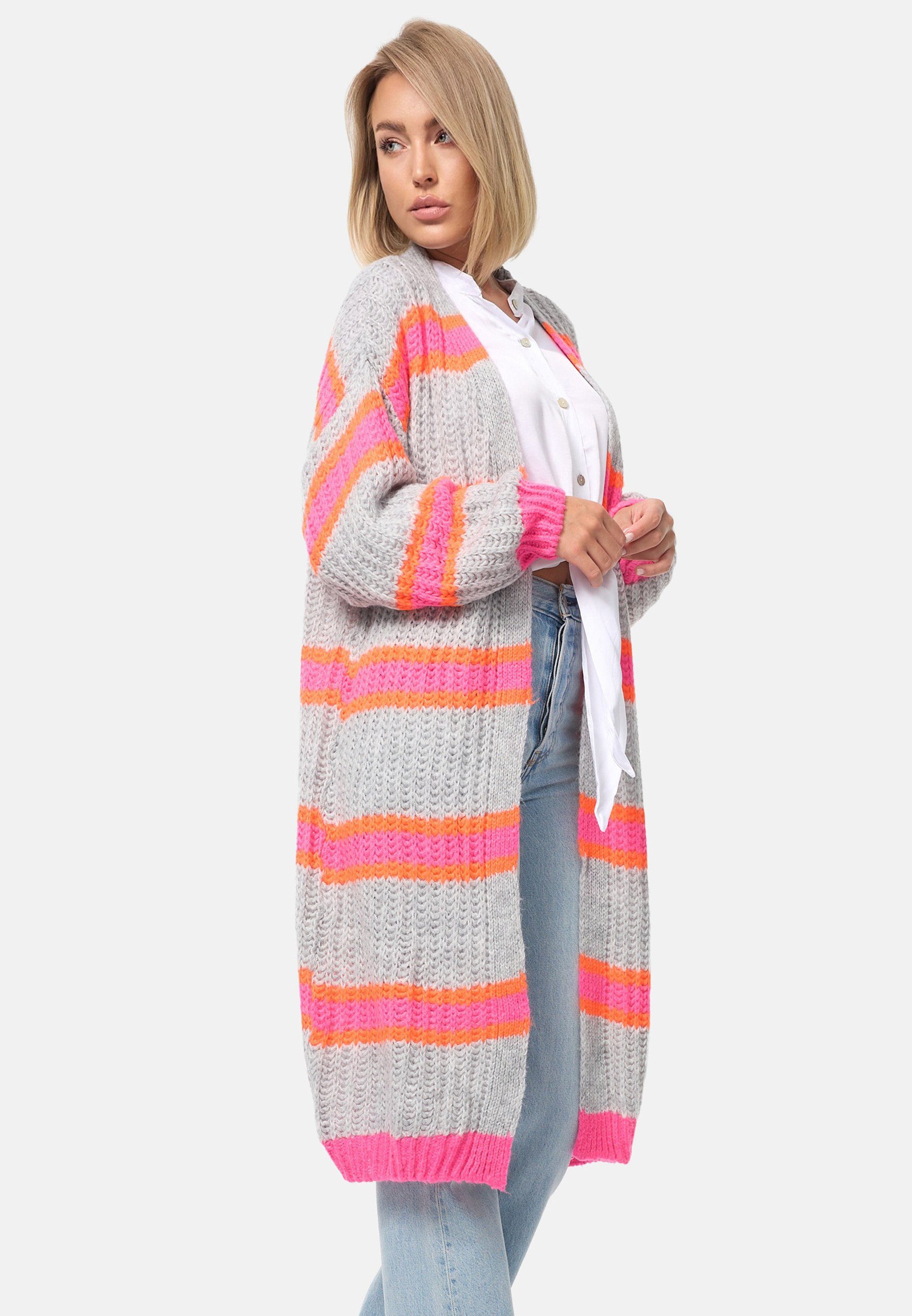 Rayshyne Longstrickjacke langer Cardigan mit Blockstreifen für Damen (Gestreift Bunte Kuschelige Damen Strickjacke Cardigan PM02)