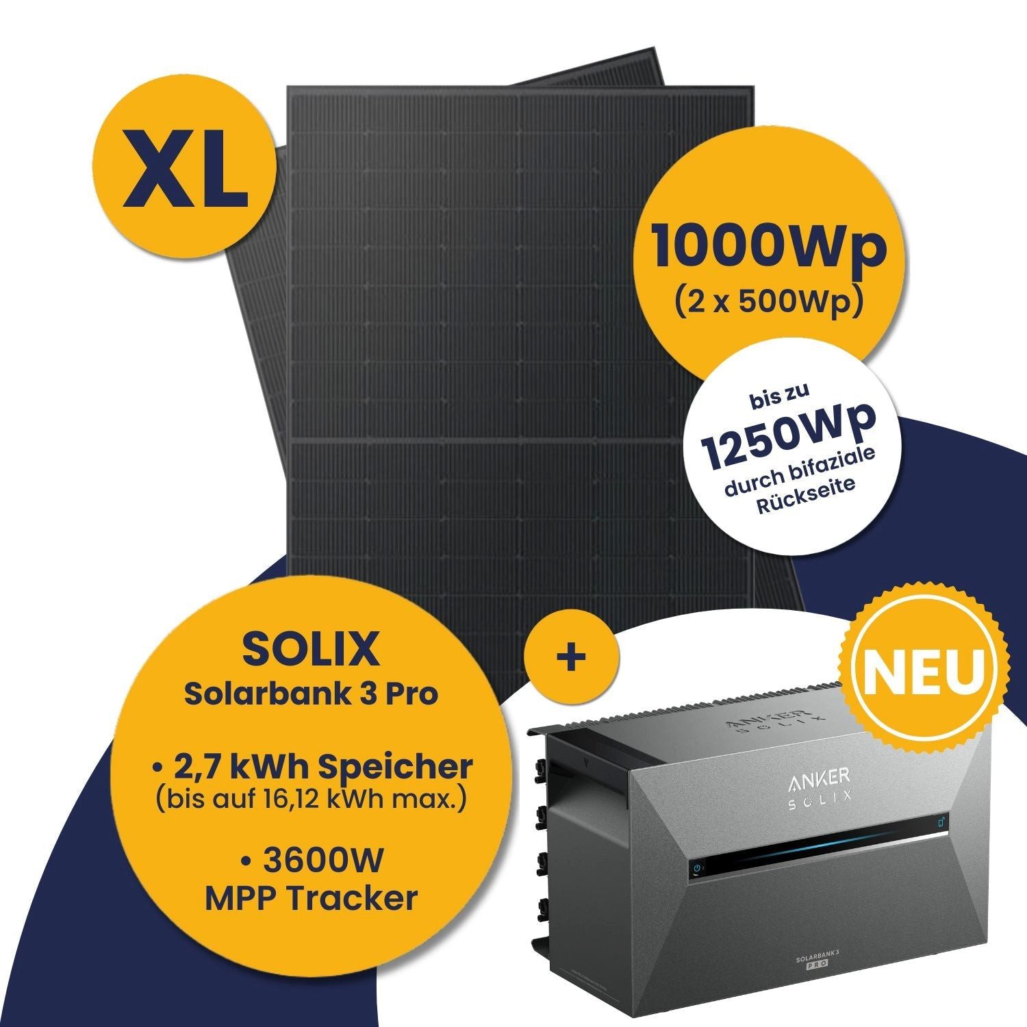 Kleines Kraftwerk Balkonkraftwerk, 1000 W, Monokristallin, (ohne Halterung), 2 x 500W, Anker Solarbank 3 Pro, Wechselrichter