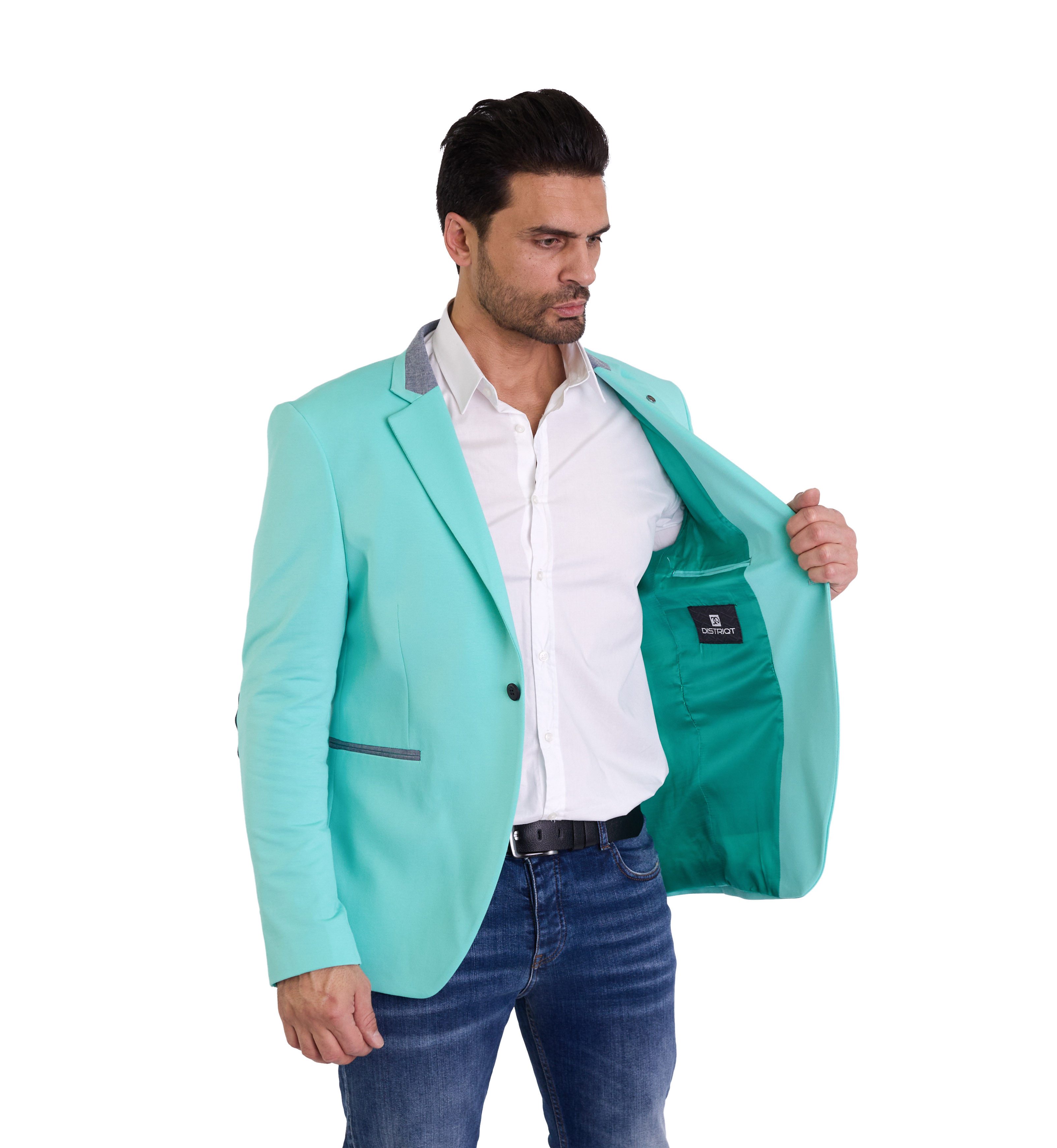 Denim Distriqt Jerseysakko Sportliches Herren Jersey Sakko mit besonderen Details Auquamarine 46