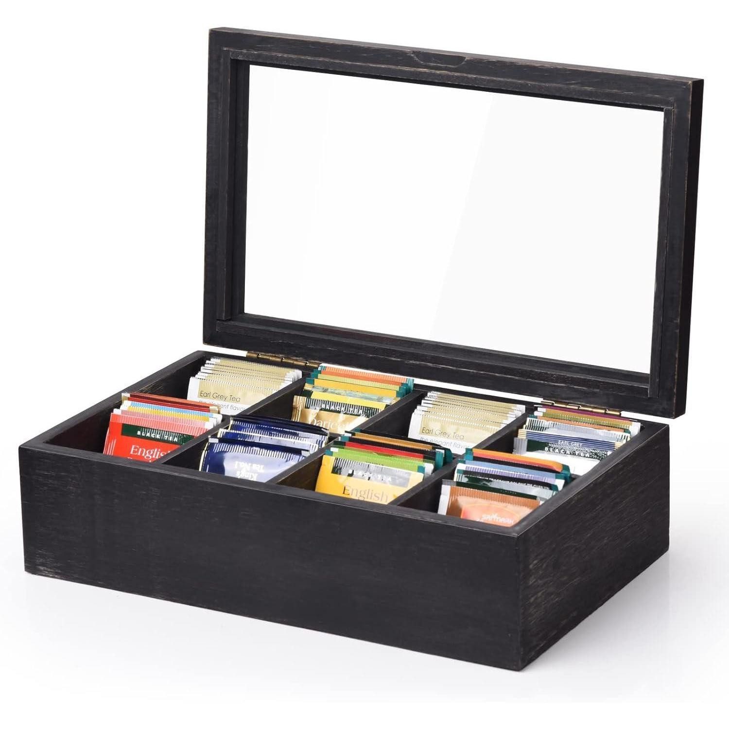 Alsonerbay Teebox Teebox Massivholz schwarz 8 Fächer Sichtfenster 32.5x20x9.7cm