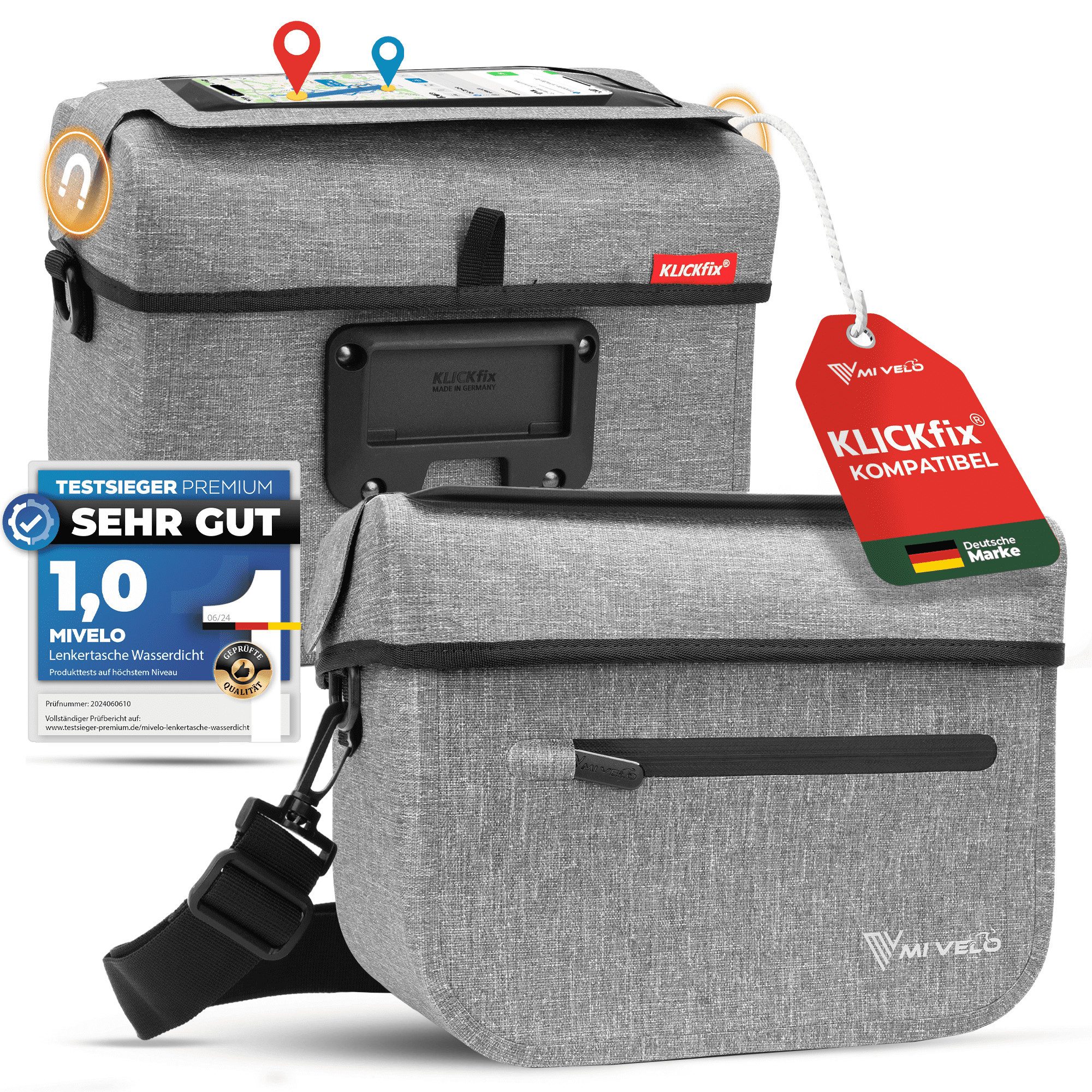 MIVELO Lenkertasche Fahrradtasche Lenker für KLICKfix, Fahrrad Tasche wasserdicht, KLICKfix kompatibel