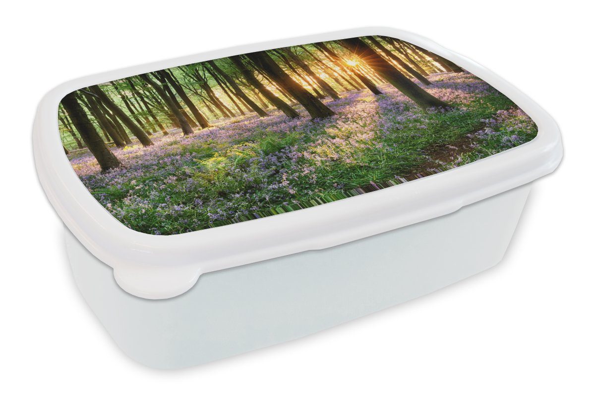 MuchoWow Lunchbox Wald - Blumen - Lavendel - Sonne - Lila - Natur, Kunststoff, (2-tlg), Brotbox für Kinder und Erwachsene, Brotdose, für Jungs und Mädchen weiß