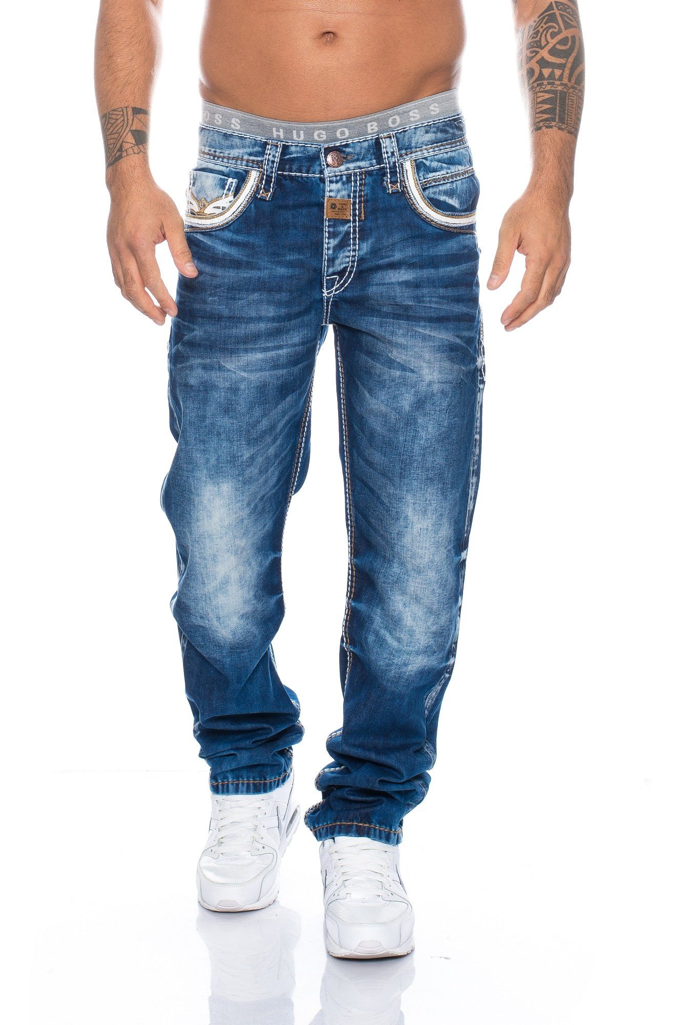 mit Extravagante Details & Hose mit aufwendigen Farbwahl Cipo Regular-fit-Jeans eleganter Verzierungen Jeans Baxx Herren