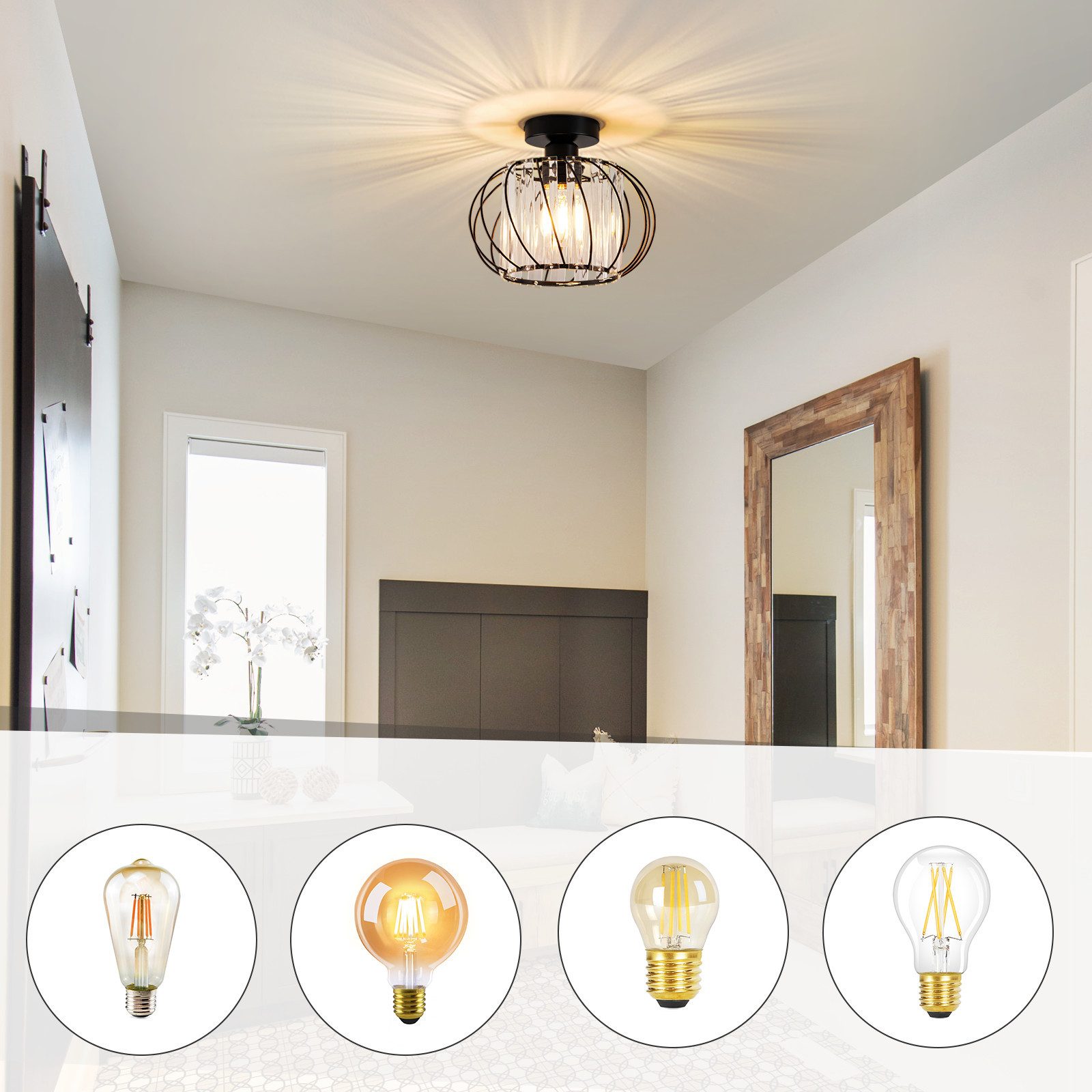 Nettlife Deckenleuchte Retro Schwarz Kristall E27 1-Flammig Metall Deckenlampe für Küche Flur, ohne Leuchtmittel, Innen Deckenbeleuchtung für Korridor Balkon fl – Bild 2 von 5