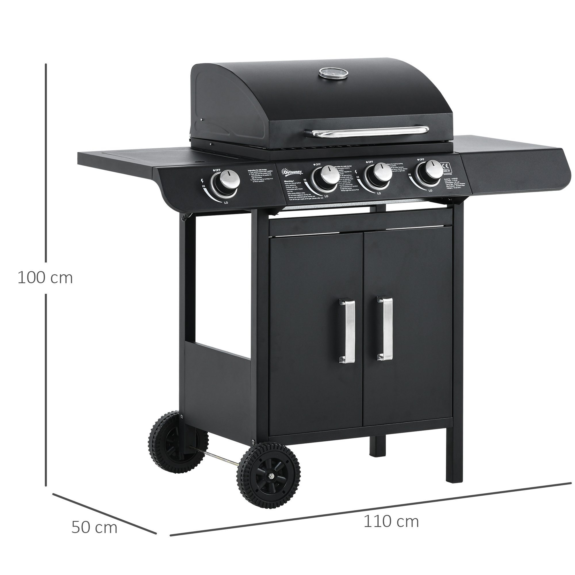 Outsunny Gasgrill mit 4 Brennern, BBQ, Grillwagen, Multifunktion Metall Schwarz