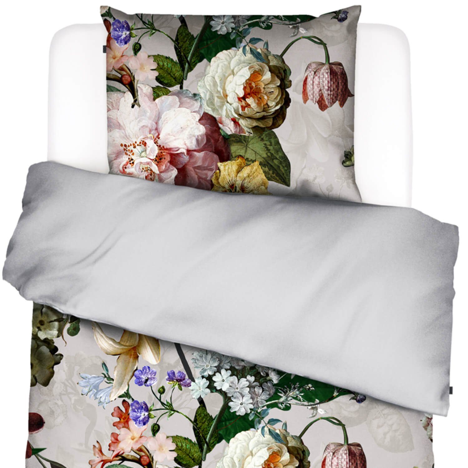 Essenza Bettwäsche Fleur Grey Satin, Satin, 2 teilig, Rosen, Lilien, Dahlien, Geblümt