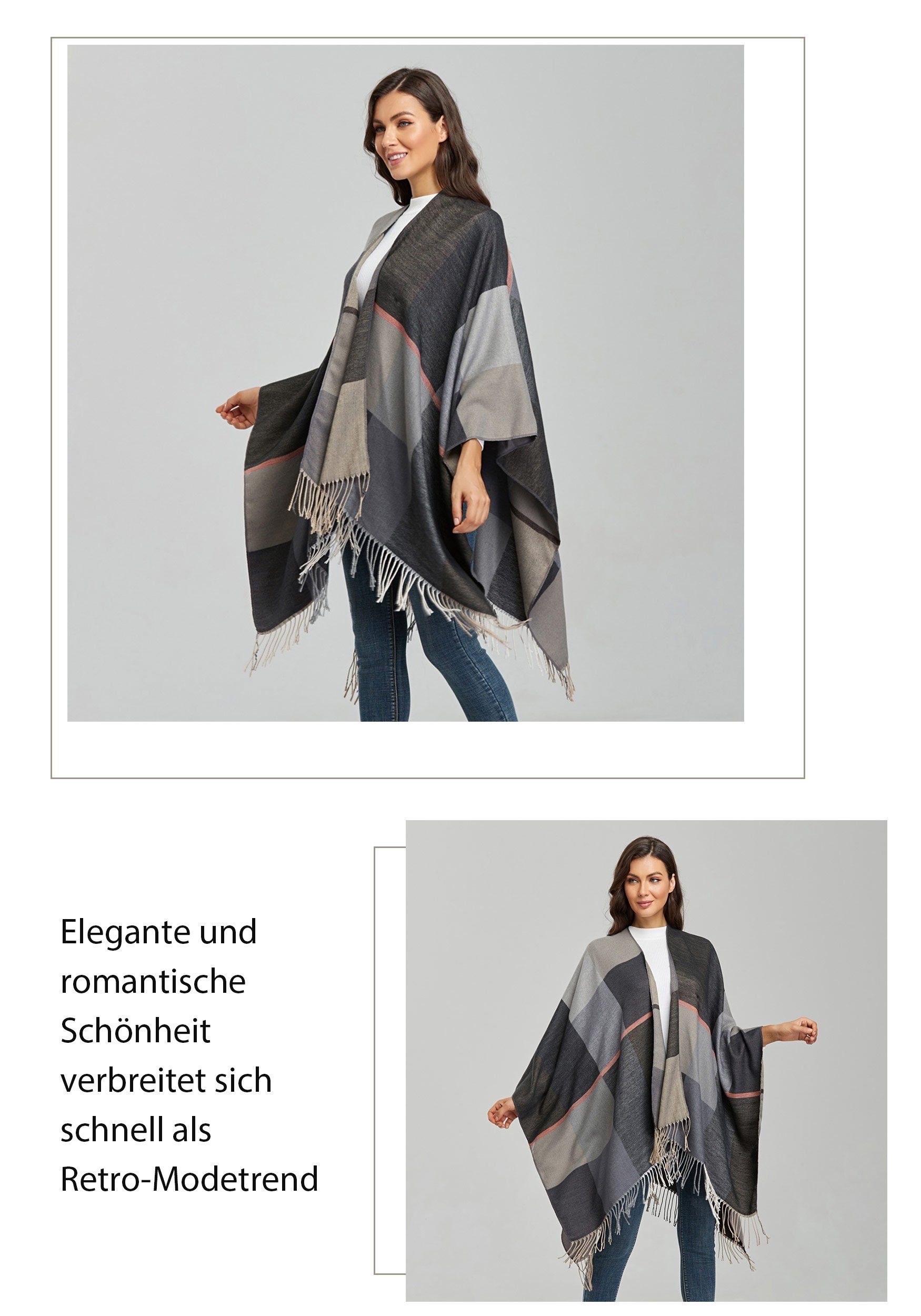 MAGICSHE XXL-Schal Vintage Schwarz Umhang, Fransen hochwertig Mode