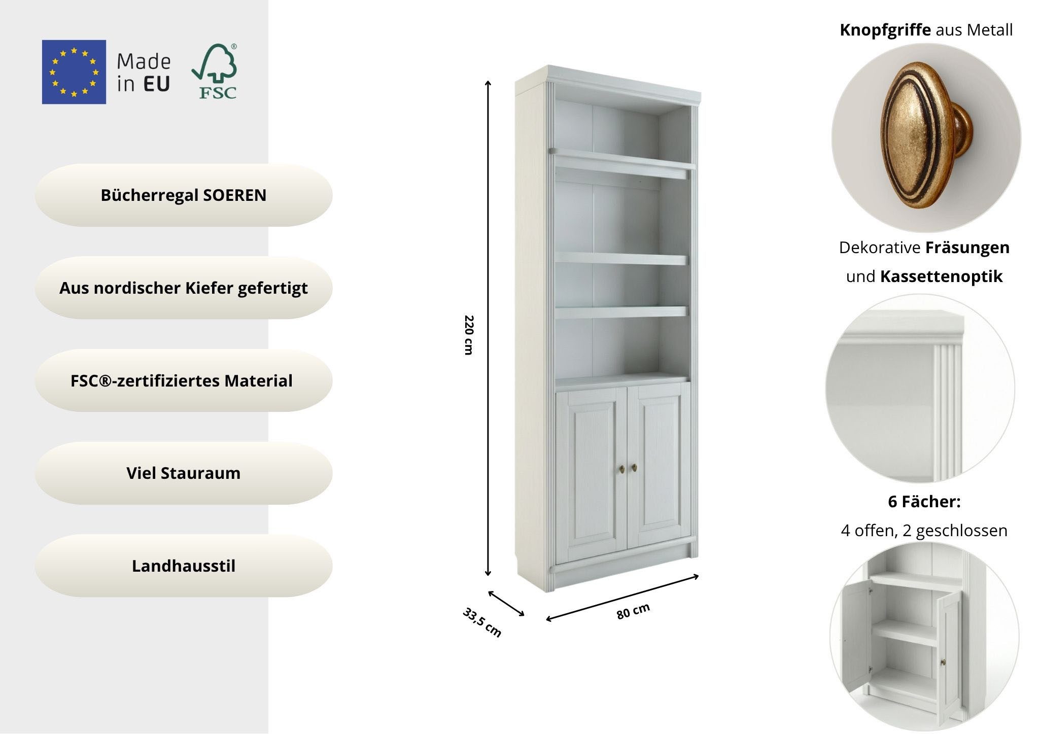 OTTO home Bücherregal Soeren, aus massiver Kiefer, FSC®-zertifiziert, Tiefe 33,5 cm