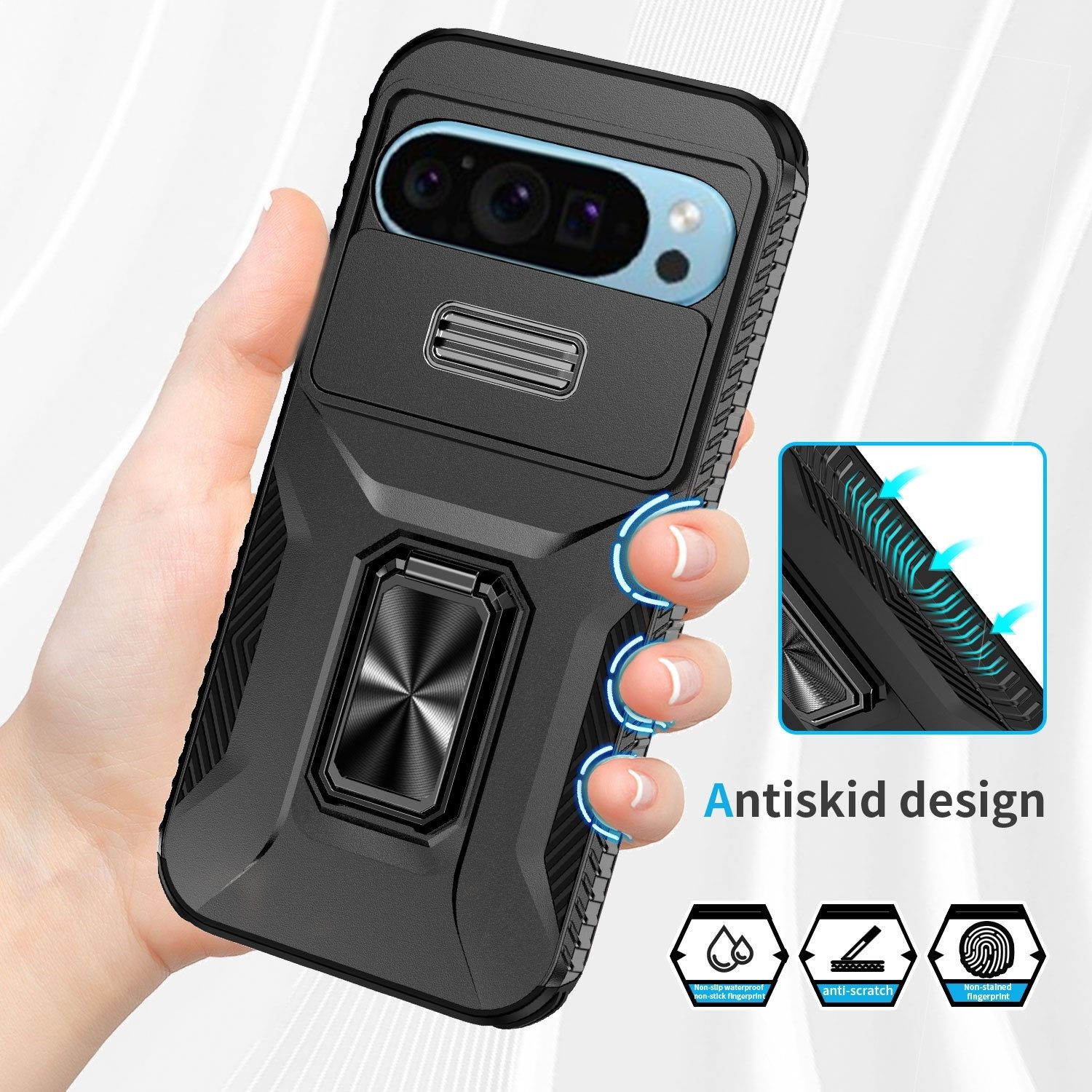 Wigento Handyhülle Für Google Pixel 9 / 9 Pro Sliding Kamera TPU PC Hülle Ring Halterung