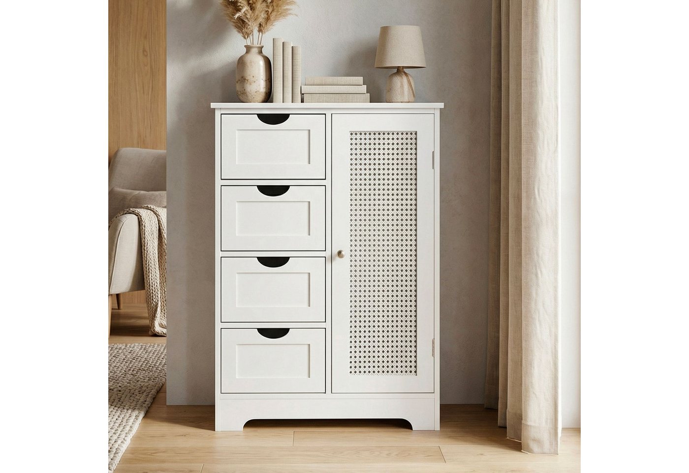 FINEBUY Mehrzweckschrank FB114129 Standschrank Kommode Weiß 80 cm Schrank mit Schubladen & Tür (Ordnungslösung mit schlichtem Charakter) Harmonischer Blickfang für Flur und Wohnraum
