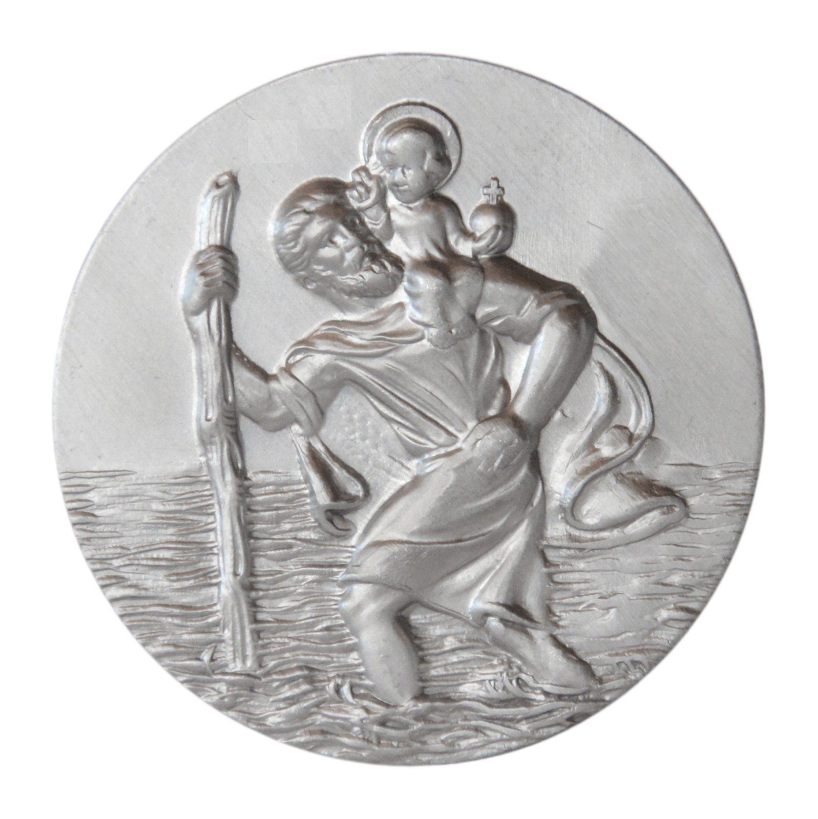 PistolaPeppers Amulett Heiliger St. Sankt Christophorus Christopherus 3D Plakette 42 mm, Reliefgeprägter Schutzpatron St. Christophorus mit Jesuskind Abbildung