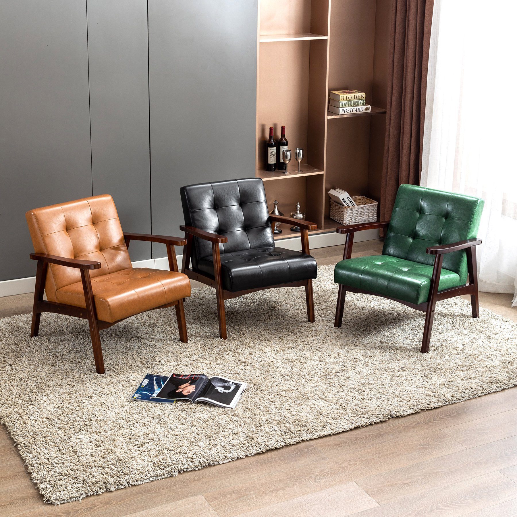 HomeMiYN Loungesessel Retro Holzsessel Loungesessel Dunkelgrün mit Polsterstuhl Holzfoben Armlehnen, Wohnzimmer mit
