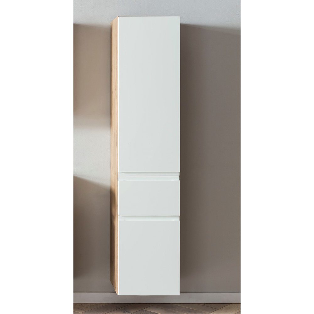 Lomadox Hochschrank VASTO-03-WHITE Badezimmer 40cm in Wotan Eiche Nb. mit weiß matt, B/H/T 40/180/35 cm