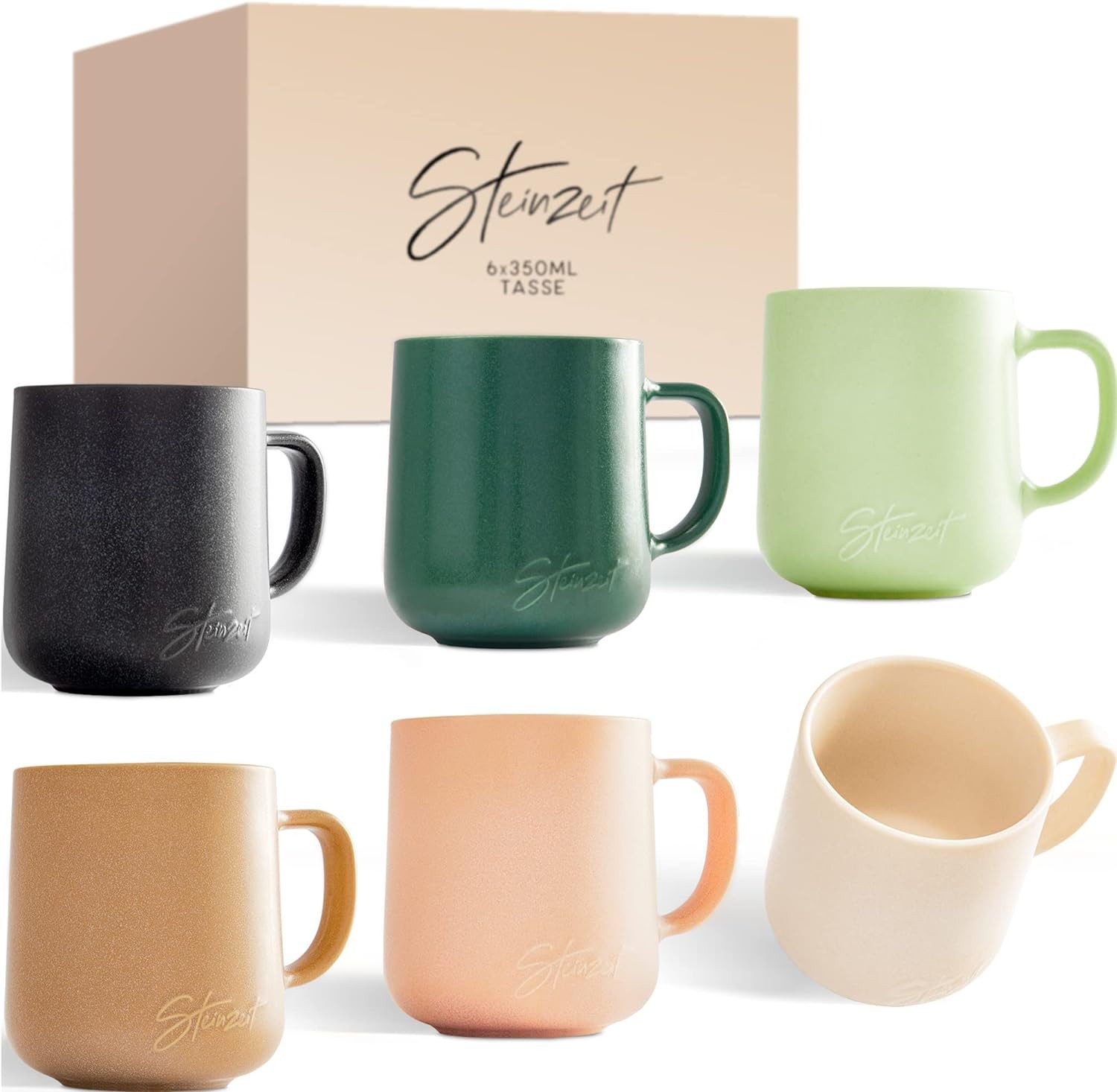 Steinzeit Tasse Кофейные чашки (6x350ml) - Kaffeebecher aus 100% Handfertigung -, Чашки Set mit 6 einzigartigen Pastellfarben - Große Tasse 350ml